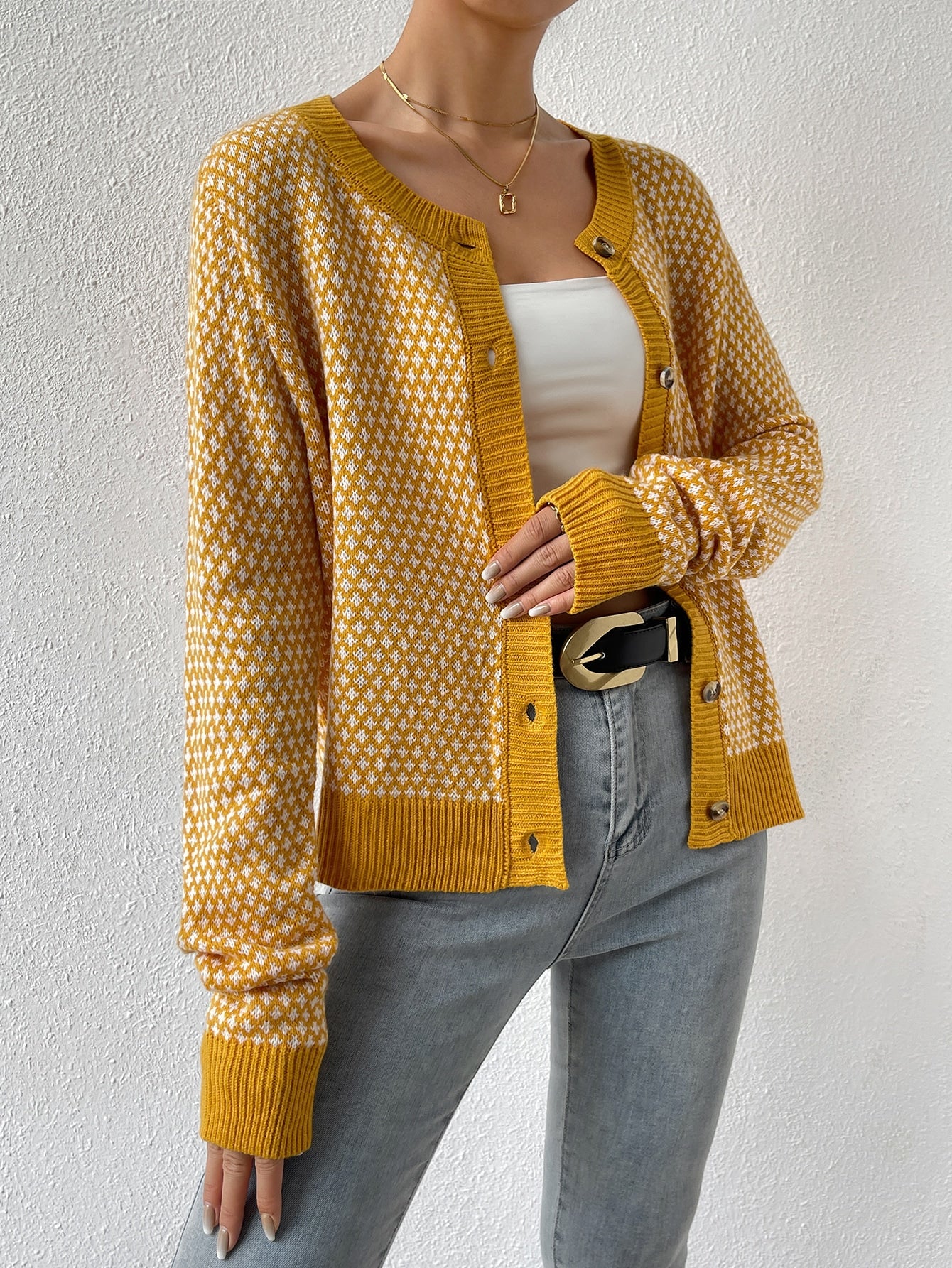 SHEIN LUNE Allover Pattern Contrast Trim Cardigan,Ladies Spring/Fall Casual Button Regular Sleeve Round Neck Regular Fit Yellow All Over Print Women Cardigans,Casual Daily Wear,Long Sleeve Tops Yellow