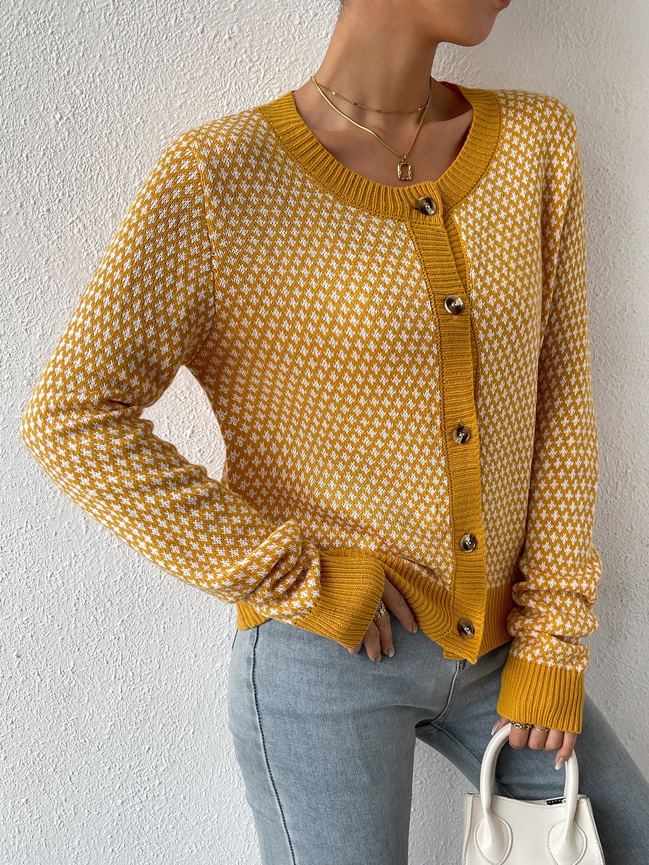 SHEIN LUNE Allover Pattern Contrast Trim Cardigan,Ladies Spring/Fall Casual Button Regular Sleeve Round Neck Regular Fit Yellow All Over Print Women Cardigans,Casual Daily Wear,Long Sleeve Tops Yellow
