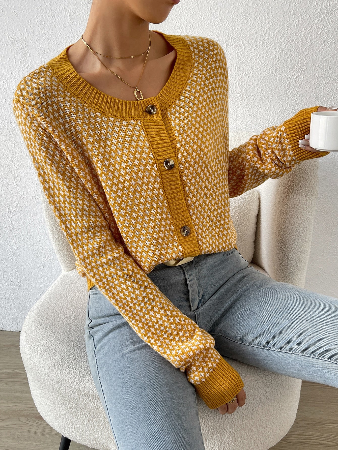 SHEIN LUNE Allover Pattern Contrast Trim Cardigan,Ladies Spring/Fall Casual Button Regular Sleeve Round Neck Regular Fit Yellow All Over Print Women Cardigans,Casual Daily Wear,Long Sleeve Tops Yellow
