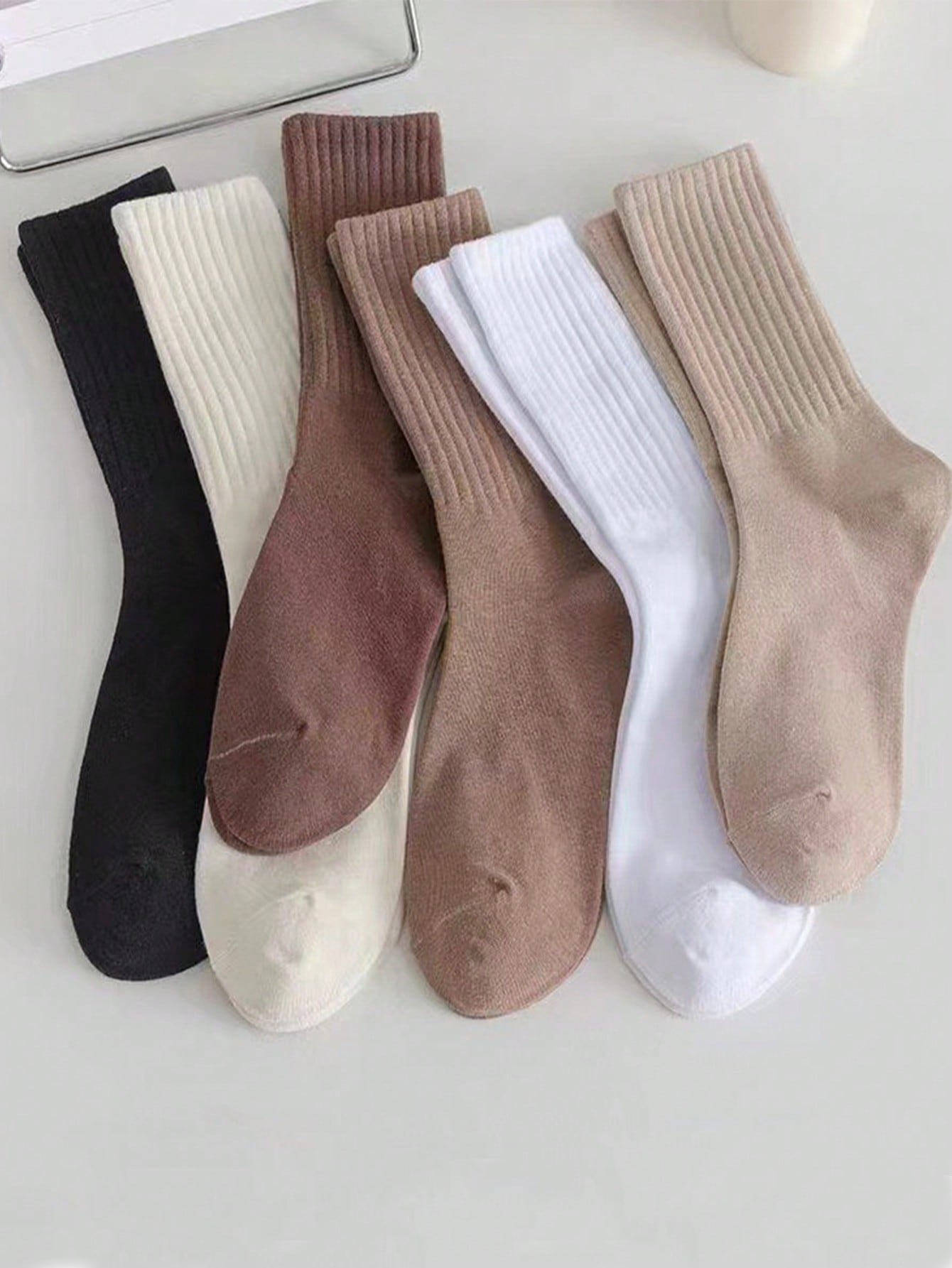 6 Pairs Solid Color Casual Sport Crew Socks, For Women, Autumn/Winter Multicolor