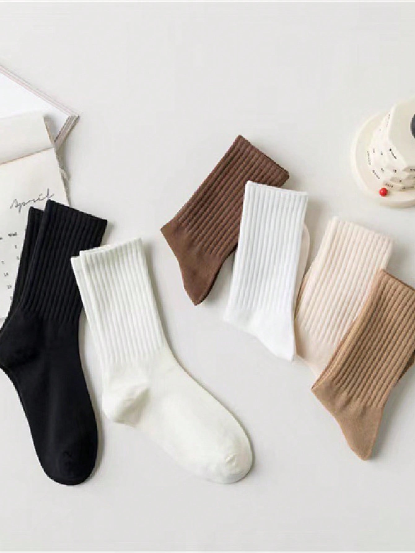 6 Pairs Solid Color Casual Sport Crew Socks, For Women, Autumn/Winter Multicolor