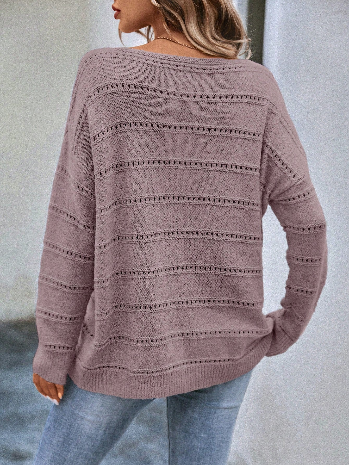 SHEIN LUNE Drop Shoulder Pointelle Knit Sweater Dusty Pink