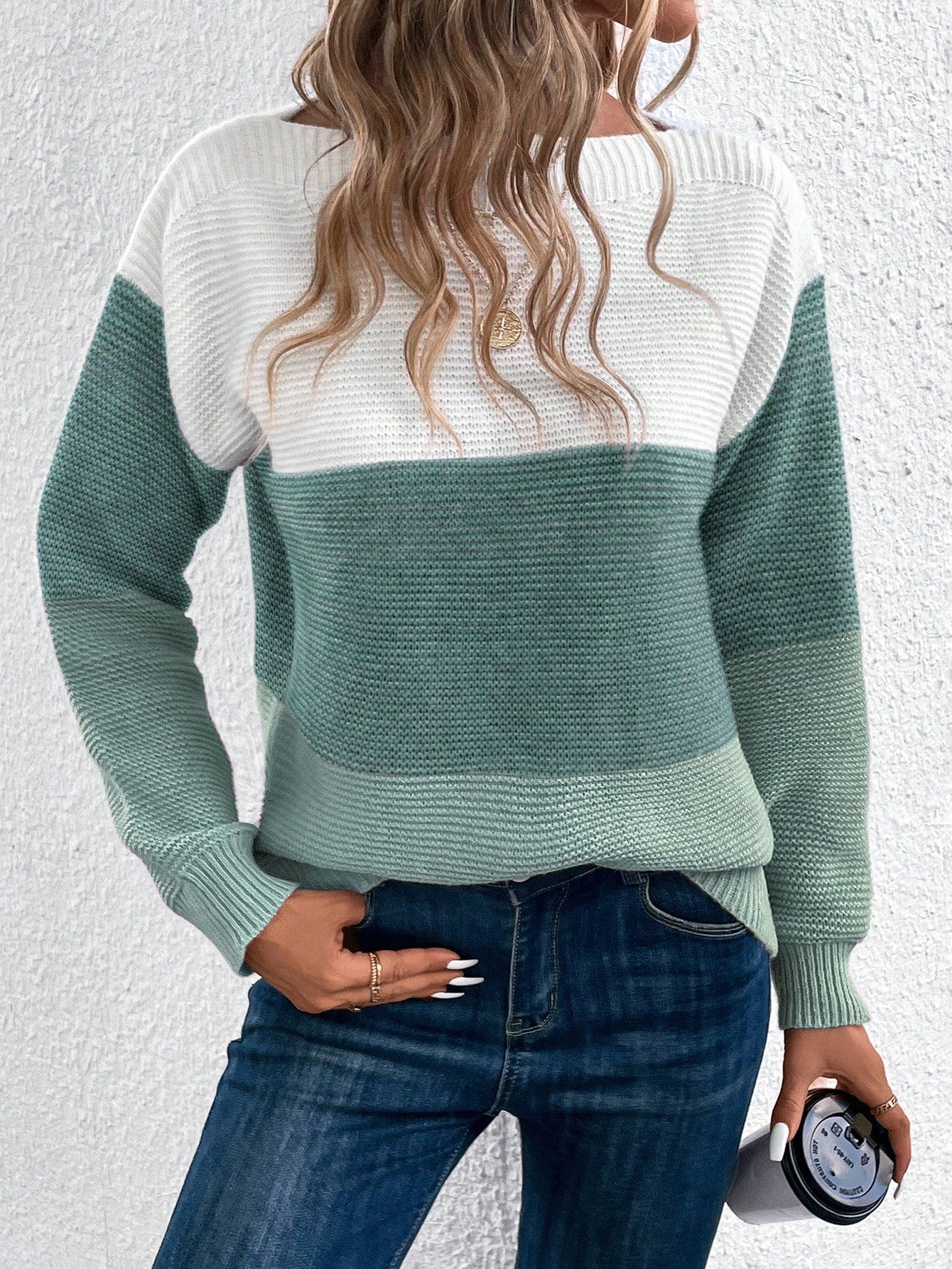 SHEIN LUNE Color Block Drop Shoulder Sweater,Long Sleeve Tops Multicolor