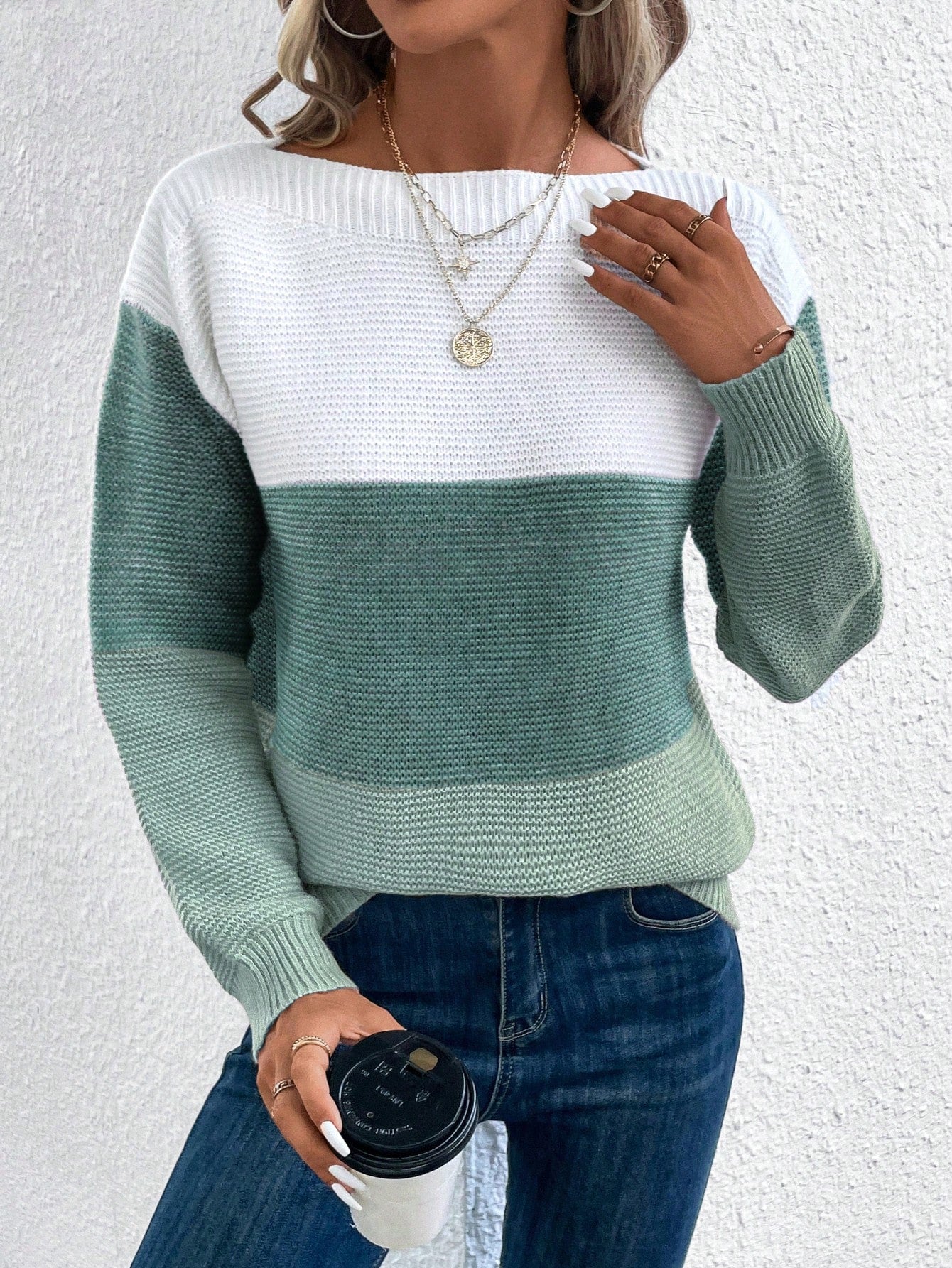SHEIN LUNE Color Block Drop Shoulder Sweater,Long Sleeve Tops Multicolor