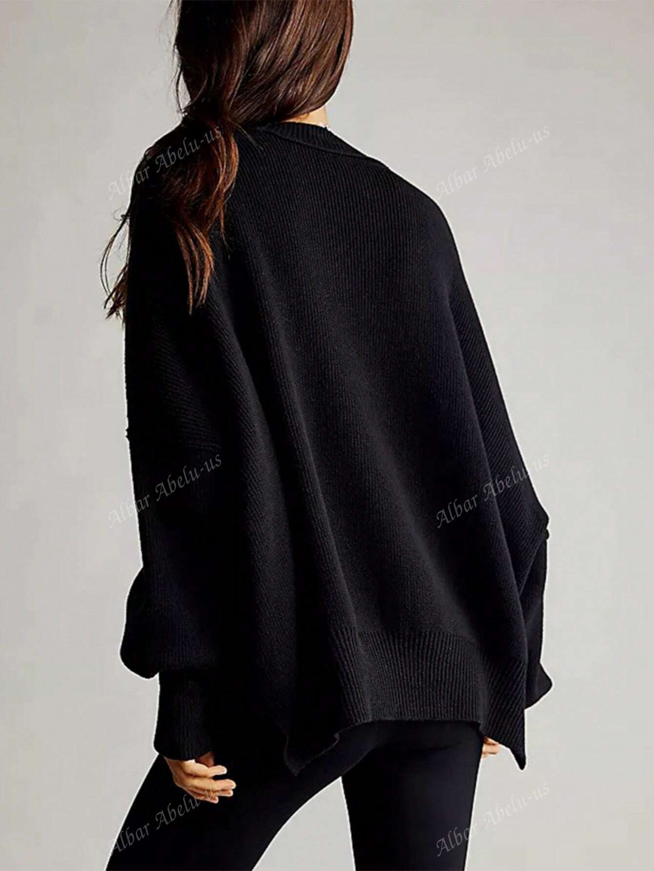 Mock Neck Drop Shoulder Split Hem Sweater Black