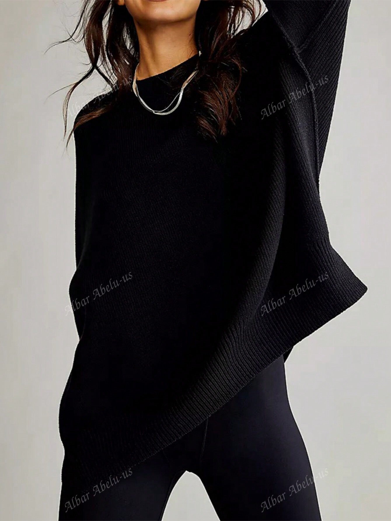 Mock Neck Drop Shoulder Split Hem Sweater Black