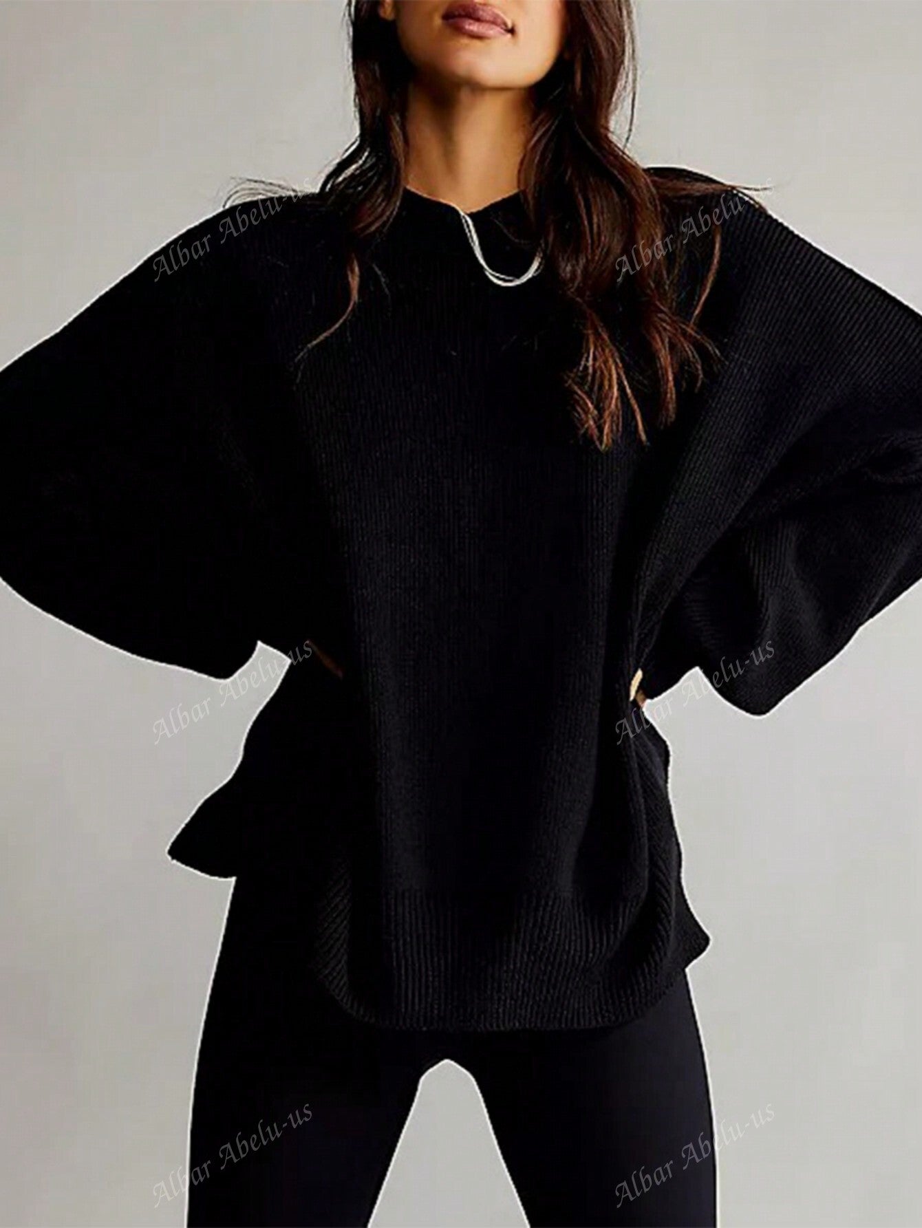 Mock Neck Drop Shoulder Split Hem Sweater Black