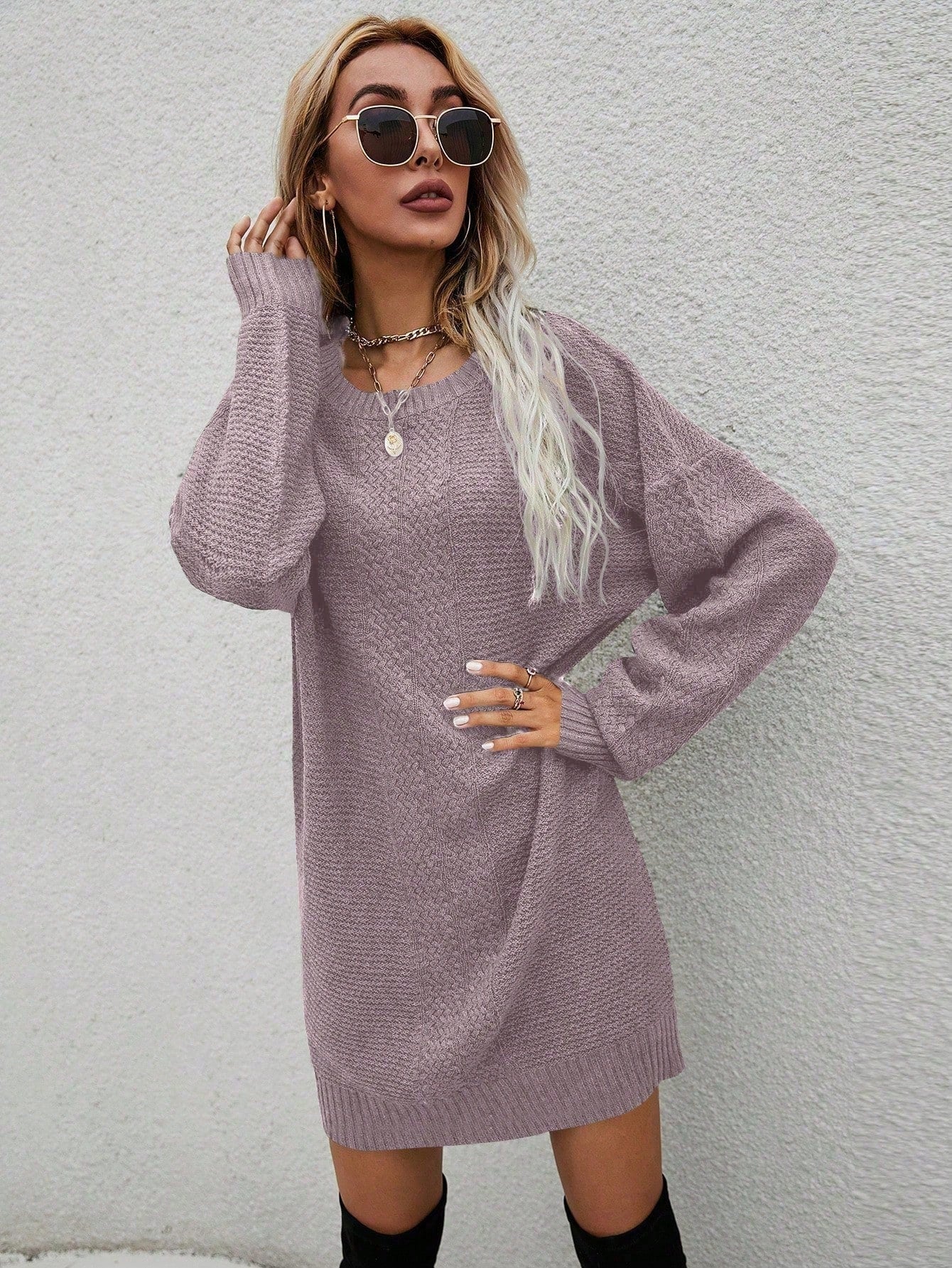 SHEIN LUNE Solid Drop Shoulder Sweater Dress Mauve Purple