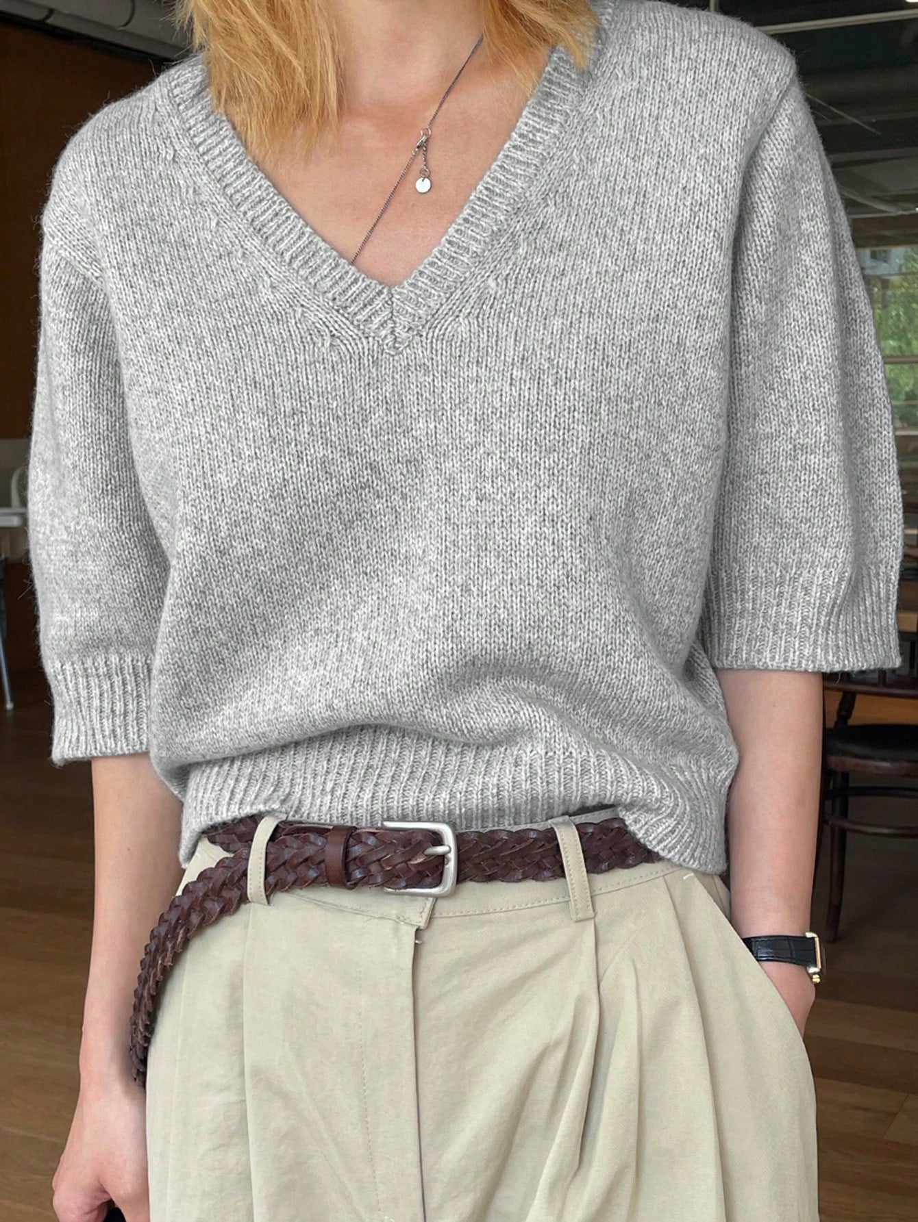 DAZY Women's Business Casual V-Neck Commuter Neutral Knitted Sweater Grey