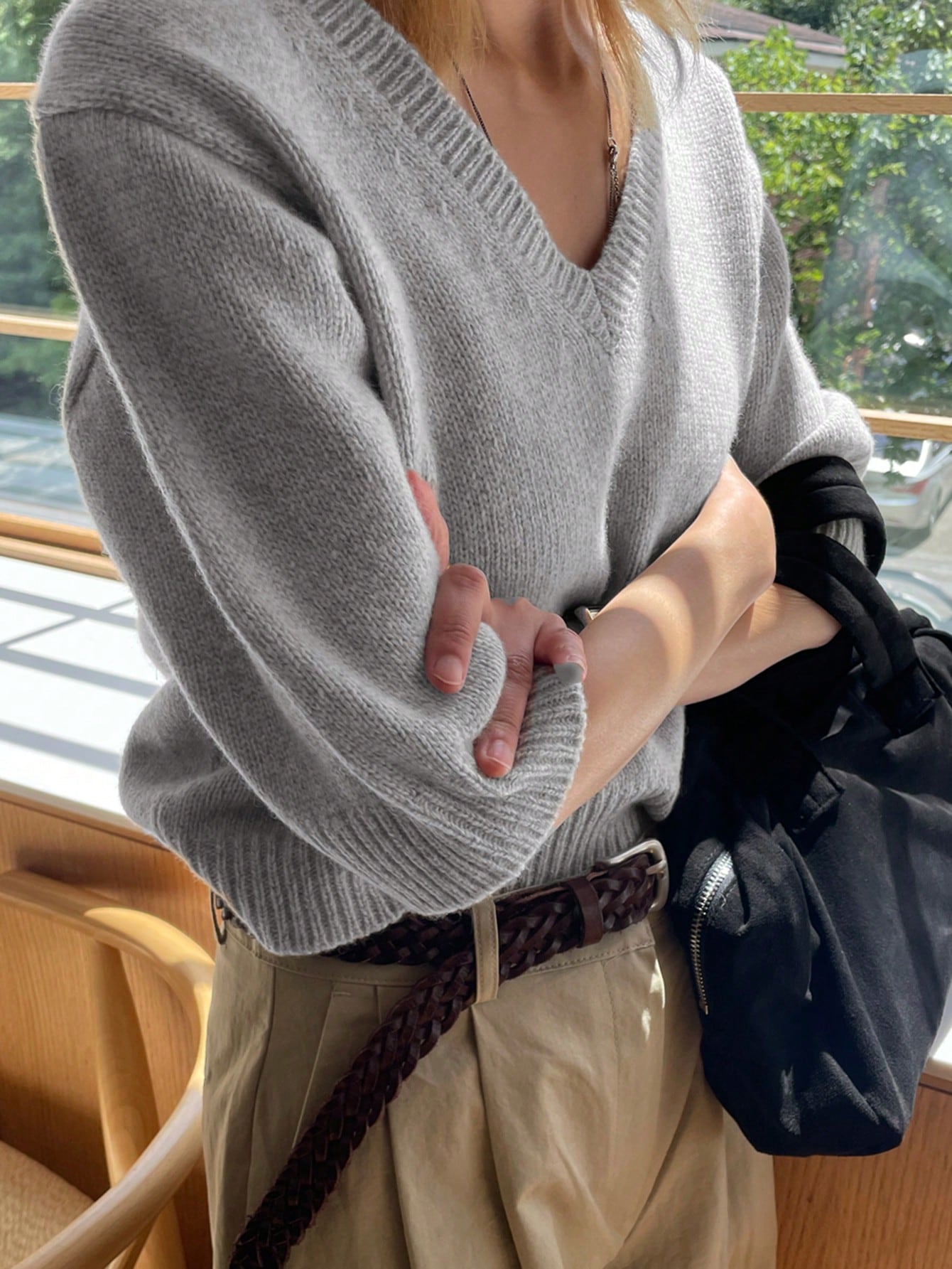 DAZY Women's Business Casual V-Neck Commuter Neutral Knitted Sweater Grey