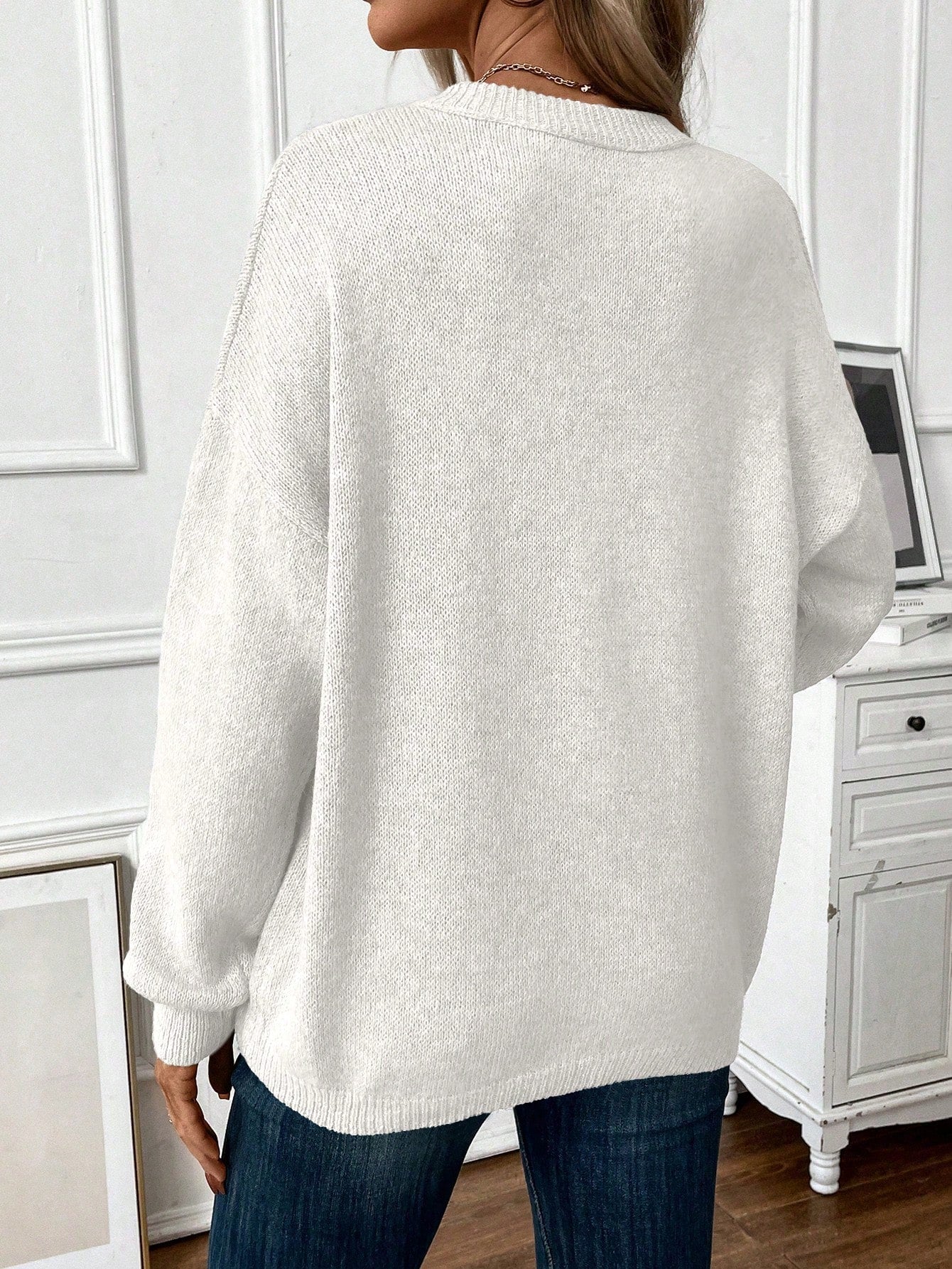 SHEIN Clasi Ladies' Solid Color Drop Shoulder Casual Sweater White
