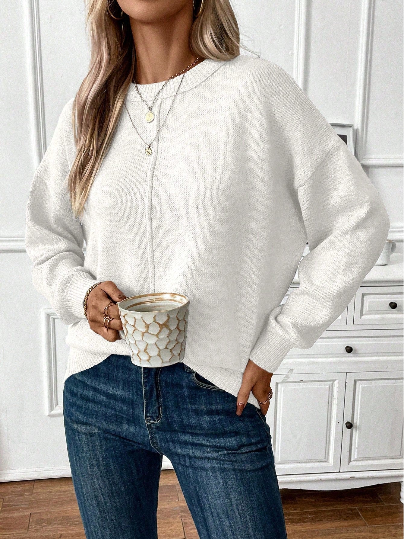 SHEIN Clasi Ladies' Solid Color Drop Shoulder Casual Sweater White