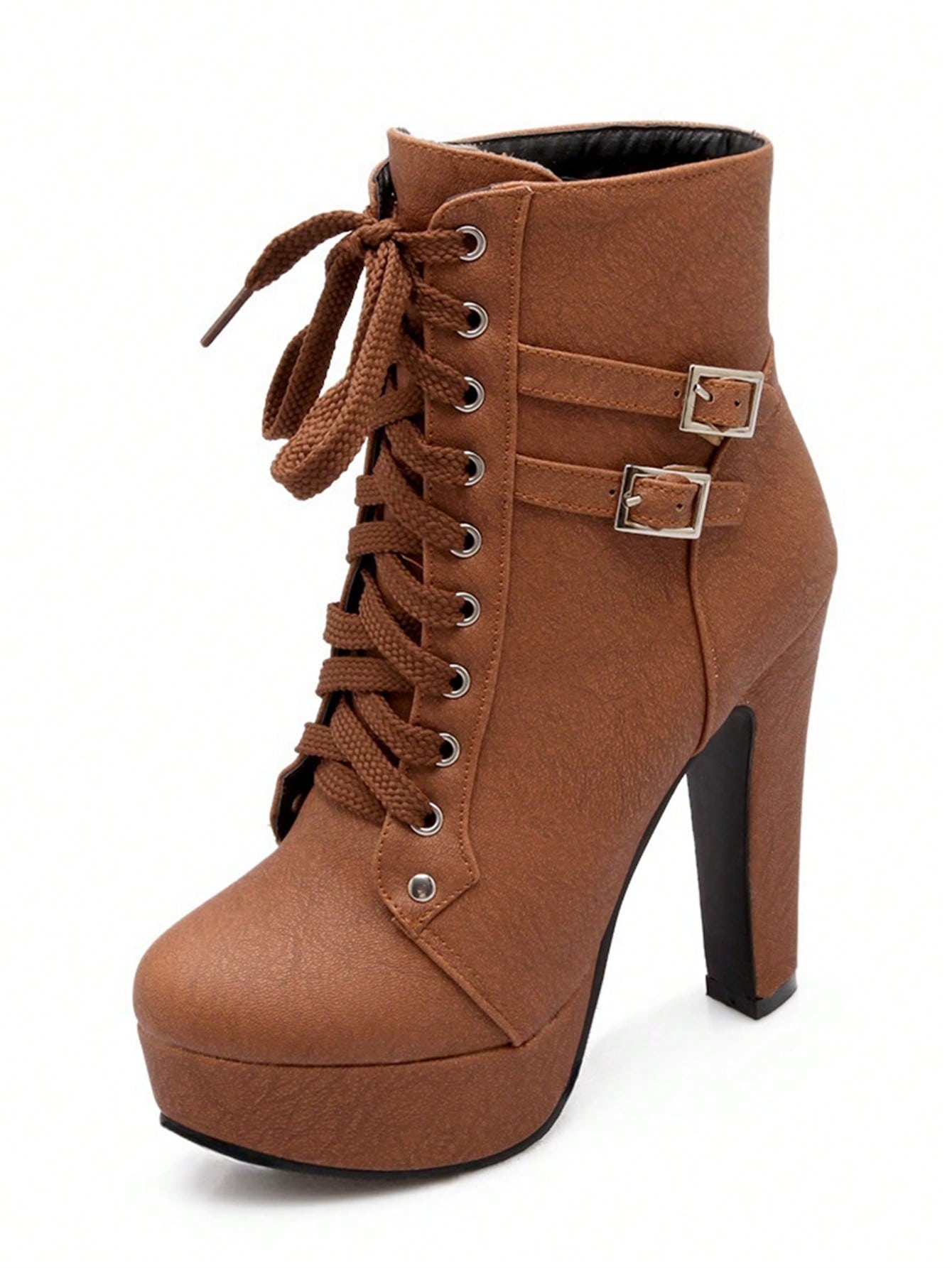 Women's Chunky Heel Short Boots, Waterproof Platform, High Heel, Lace-up Motorcycle Boots Brown