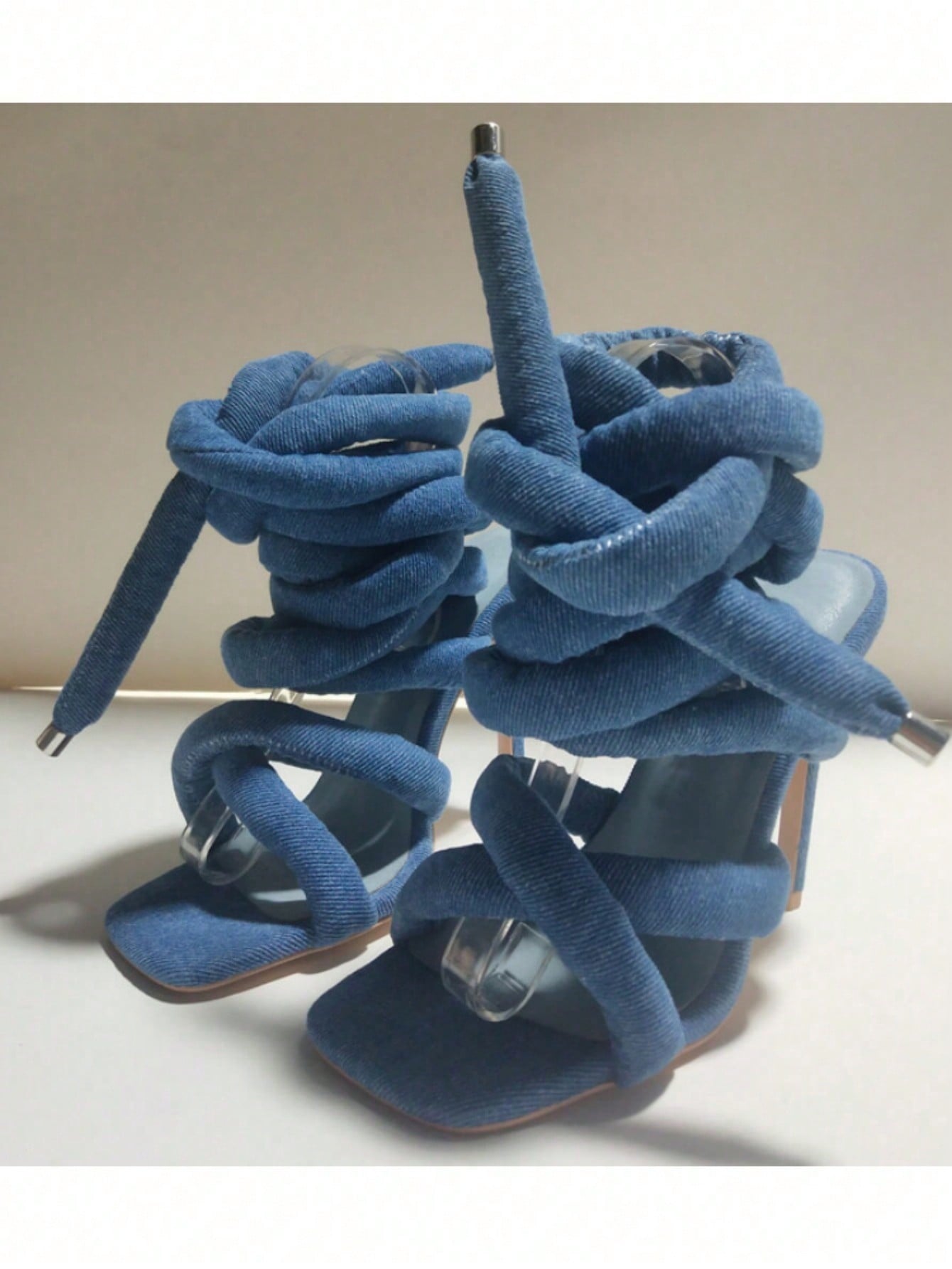 Women Peep Toe Stiletto Heels Cross Strap Ankle Wrap Sandals, Large Size Blue