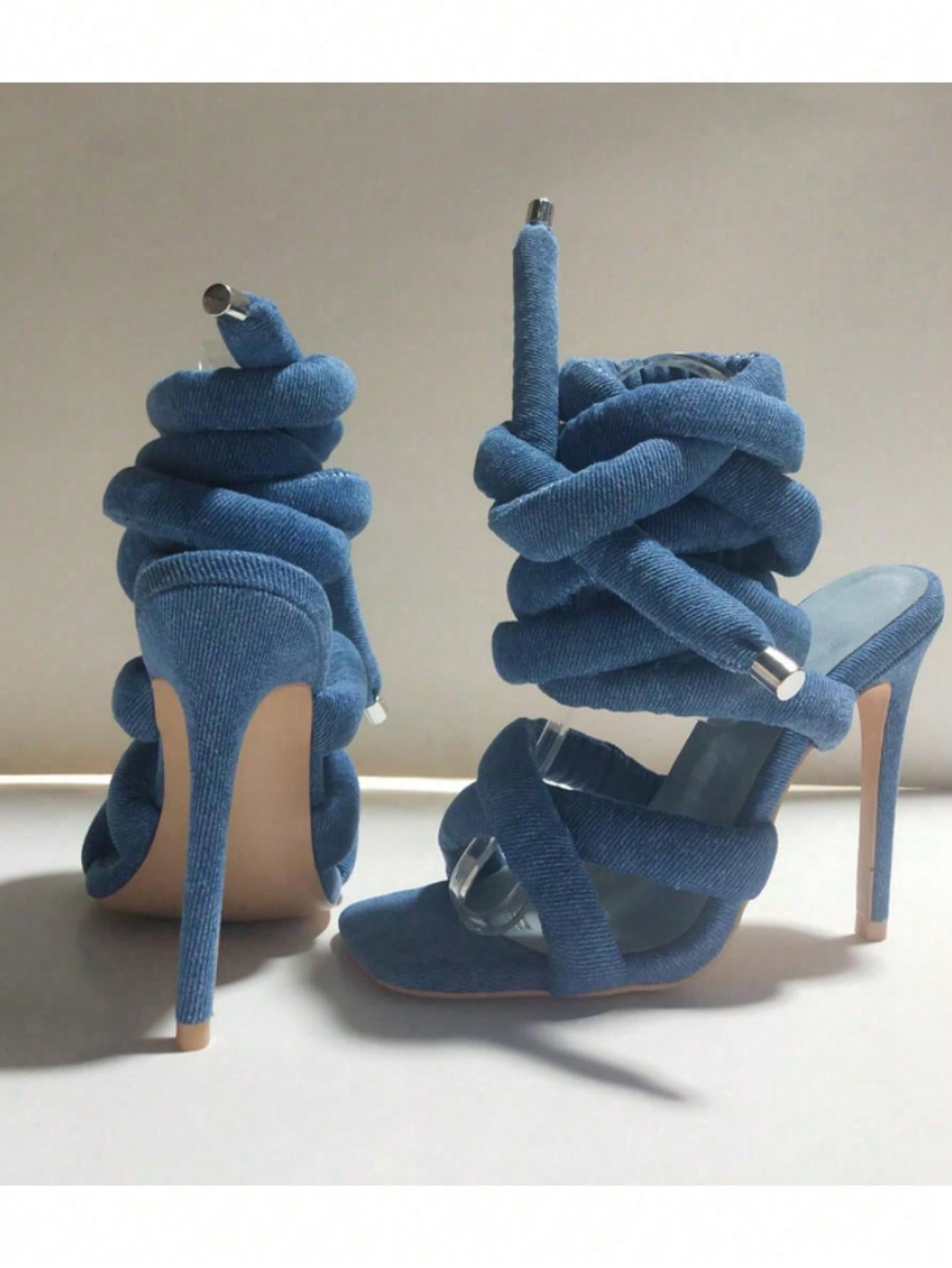 Women Peep Toe Stiletto Heels Cross Strap Ankle Wrap Sandals, Large Size Blue