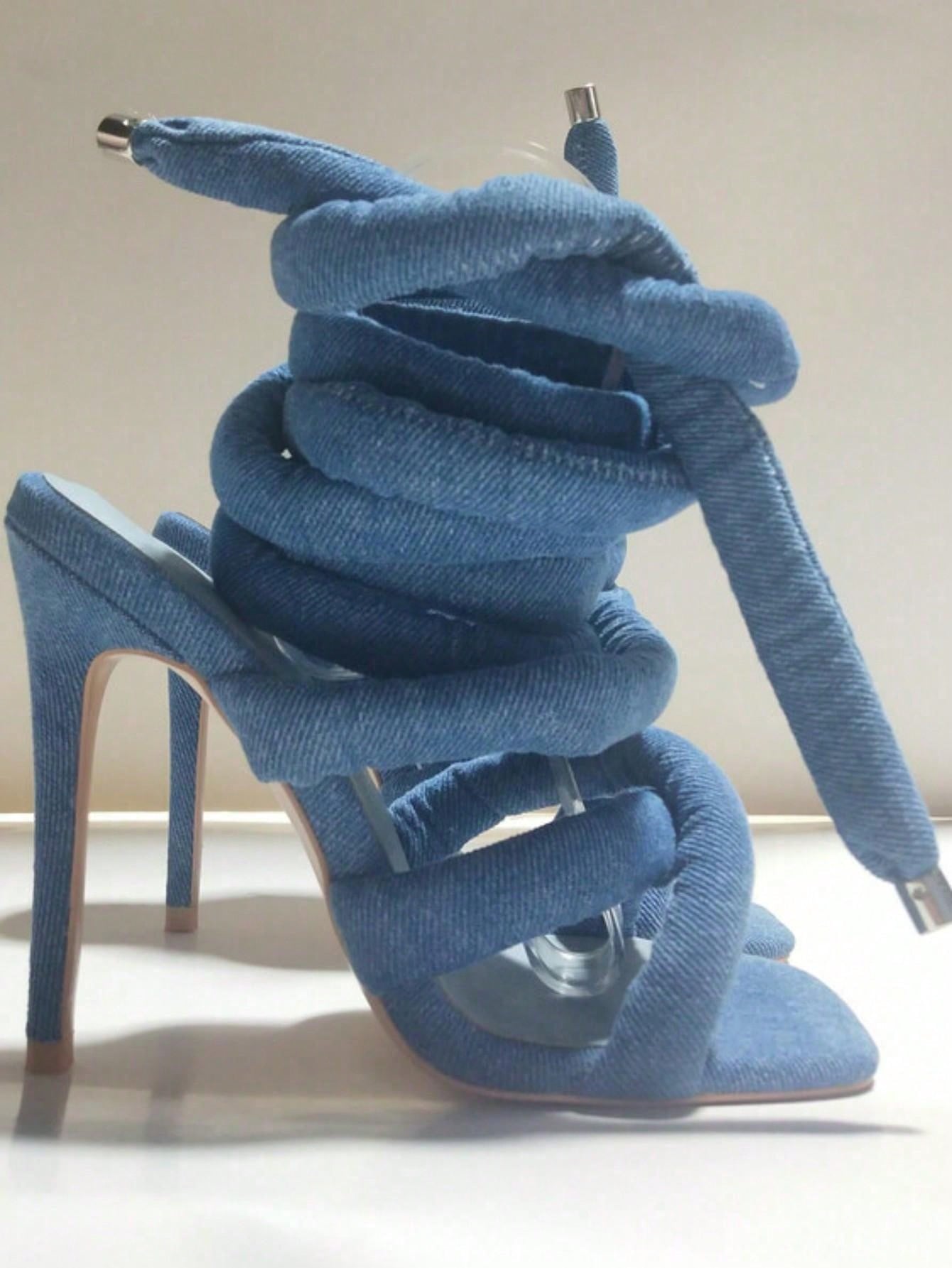 Women Peep Toe Stiletto Heels Cross Strap Ankle Wrap Sandals, Large Size Blue