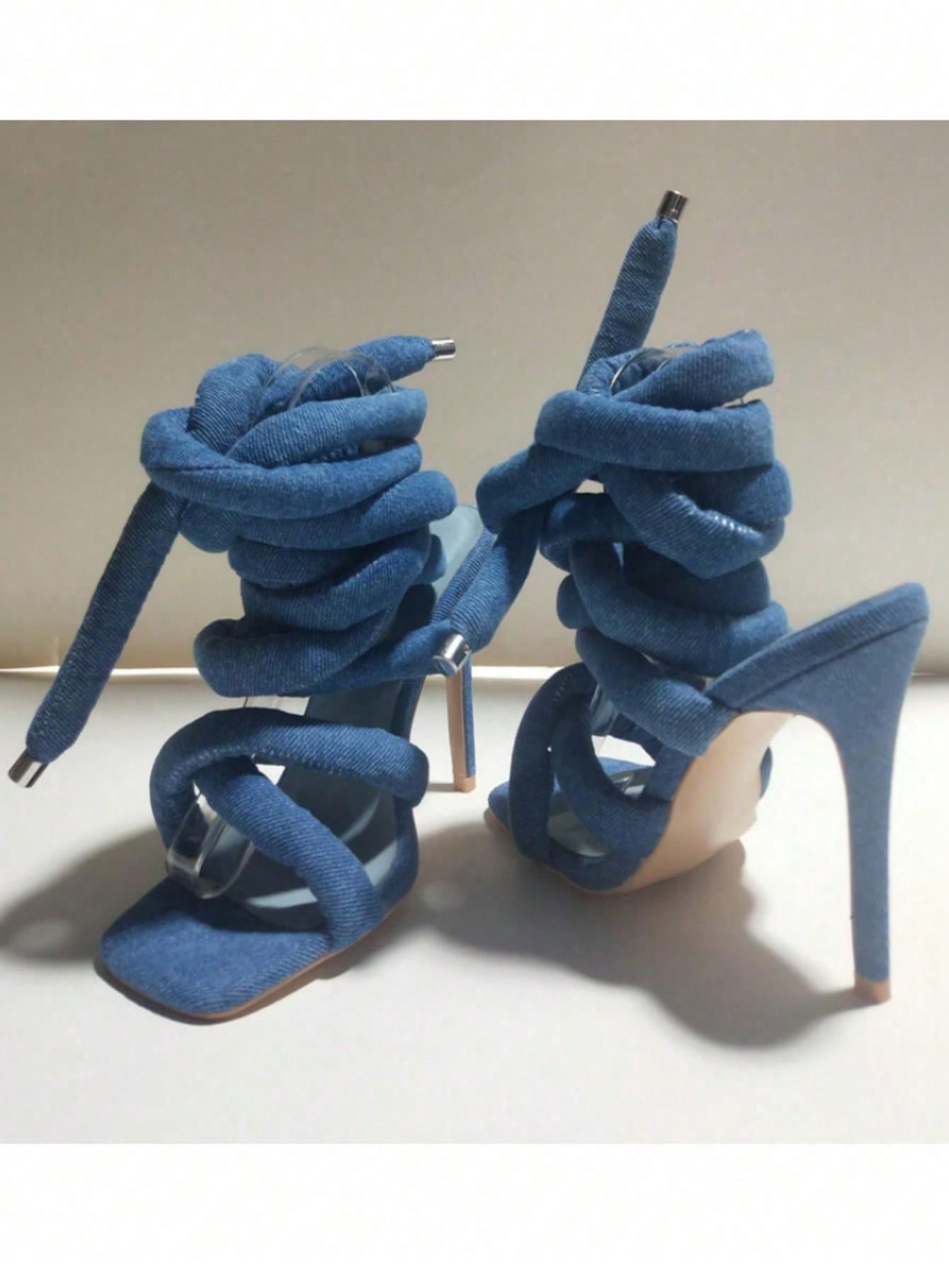 Women Peep Toe Stiletto Heels Cross Strap Ankle Wrap Sandals, Large Size Blue