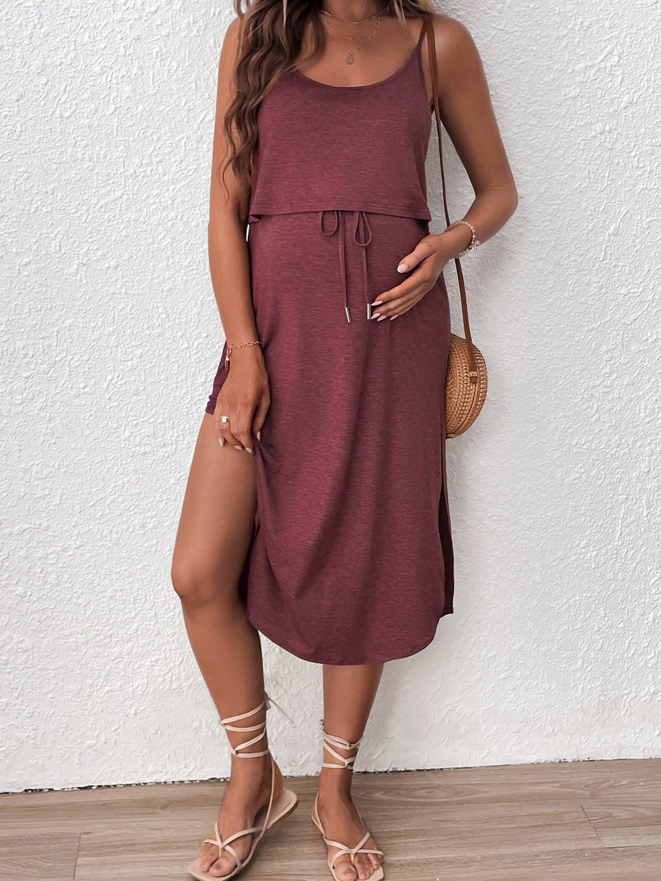 SHEIN Solid Color Square Neck Sleeveless Nursing Dress For Maternity Red