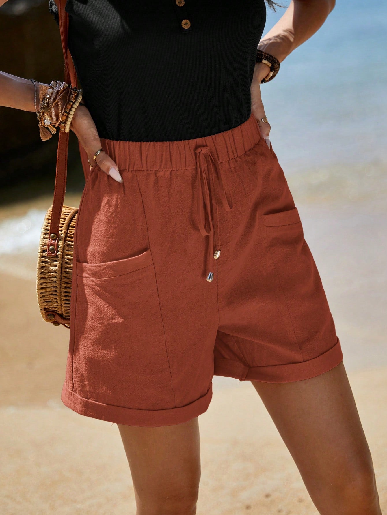 EMERY ROSE Vacation Style Casual Rolled Hem, Front Knotted, Double Pocket Shorts Rust Brown
