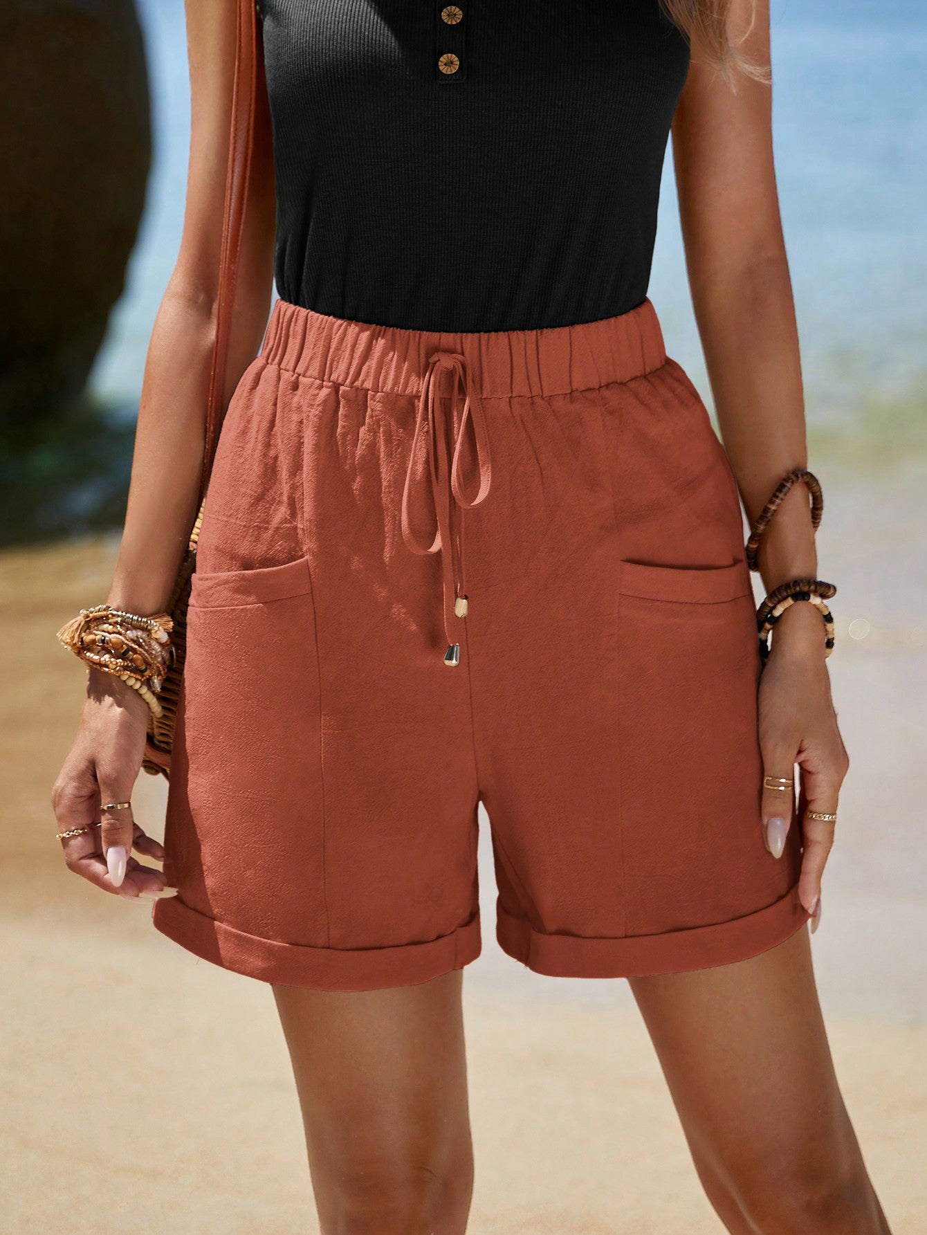 EMERY ROSE Vacation Style Casual Rolled Hem, Front Knotted, Double Pocket Shorts Rust Brown