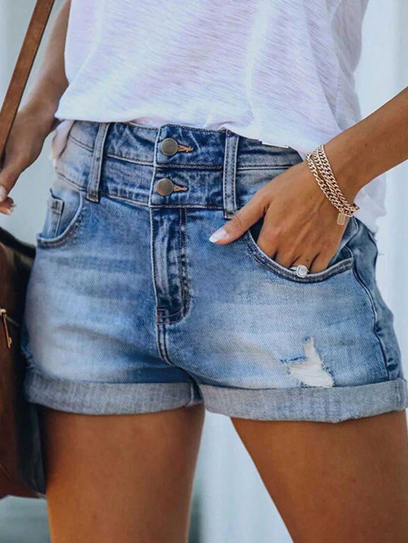 Women's Pocketed Ripped Hem Two-Button Basic Denim Shorts Light Wash