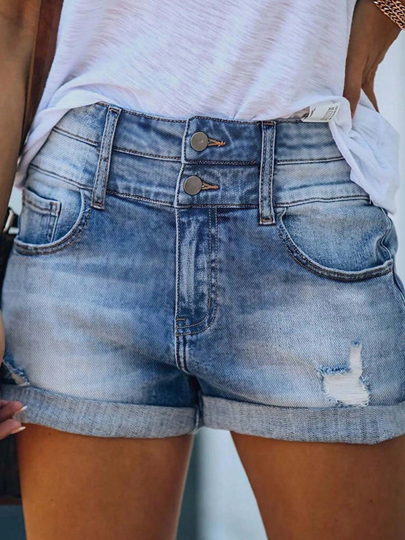 Women's Pocketed Ripped Hem Two-Button Basic Denim Shorts Light Wash