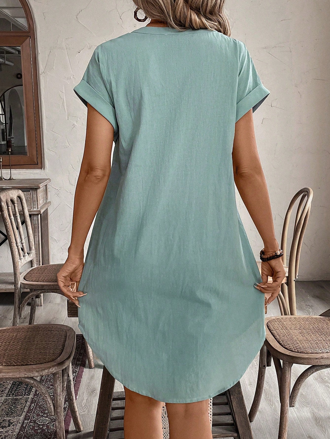 EMERY ROSE Solid Notched Button Front Batwing Sleeve Shirt Dress Green