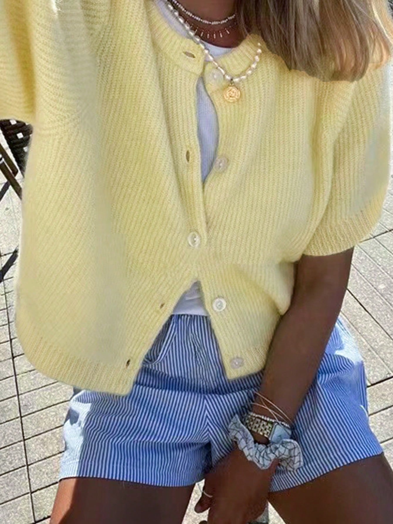 INAWLY Solid Button Front Cardigan Yellow