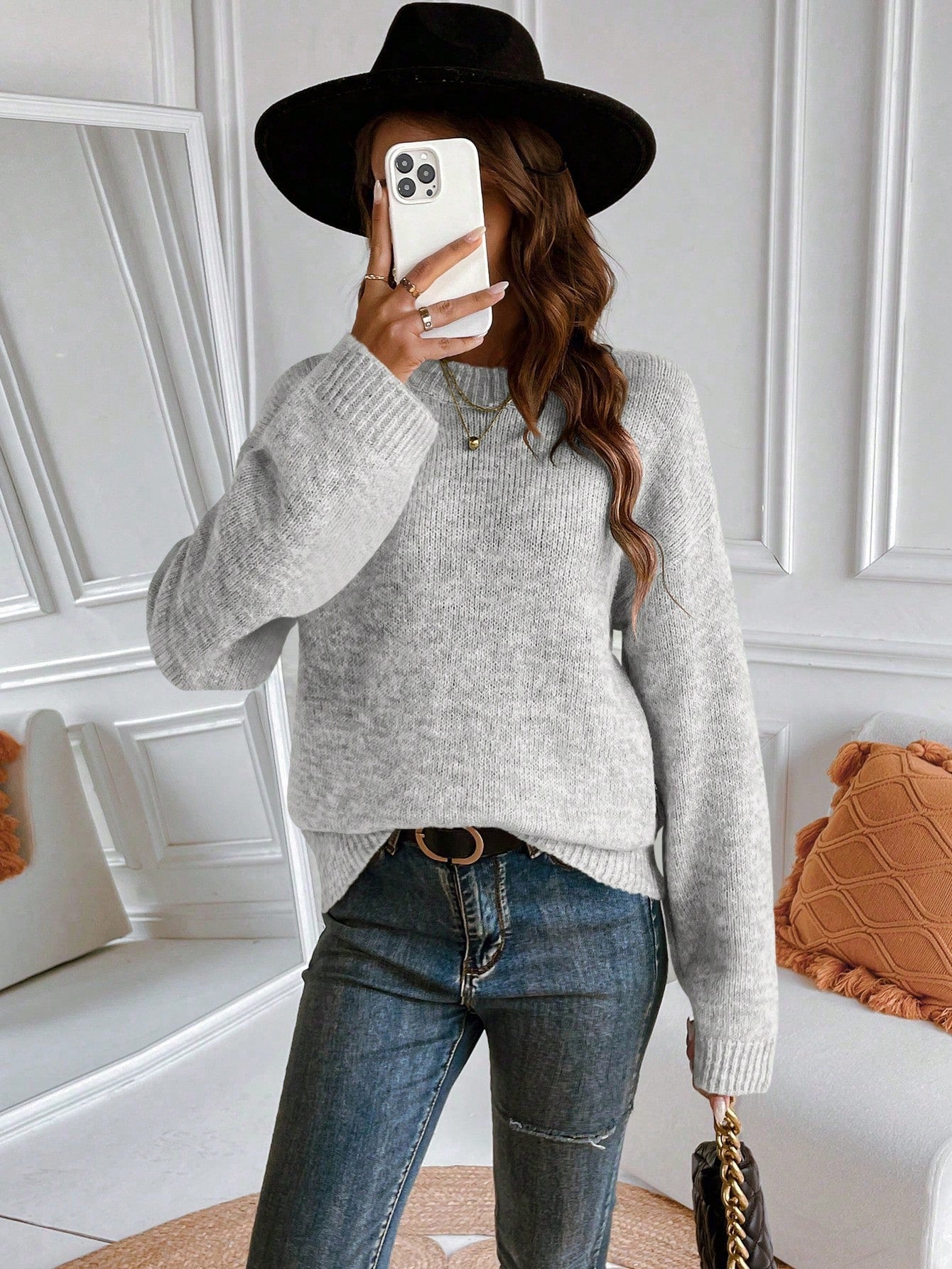 SHEIN LUNE Newly Upgraded Premium Thick Warm Women Grey Crew Neck Sweater Grey
