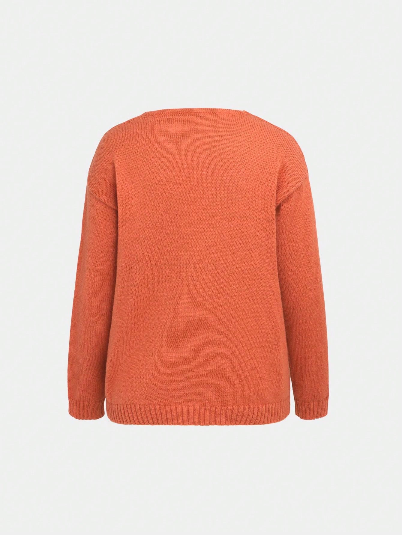 Custom MadeSimple Solid Color V-Neck Knit Sweater, Loose & Slimming, Elegant Casual Style, Pullover Long Sleeve Top, Autumn-Winter Burnt Orange