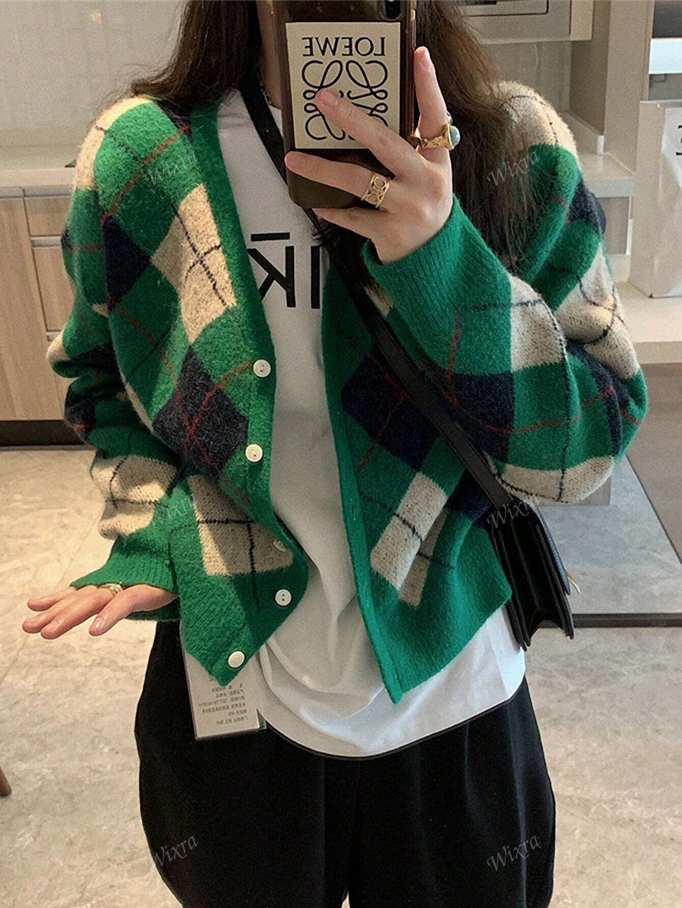 Casual V-Neck Retro Diamond Plaid Knit Cardiagn,Long Sleeve Tops Green