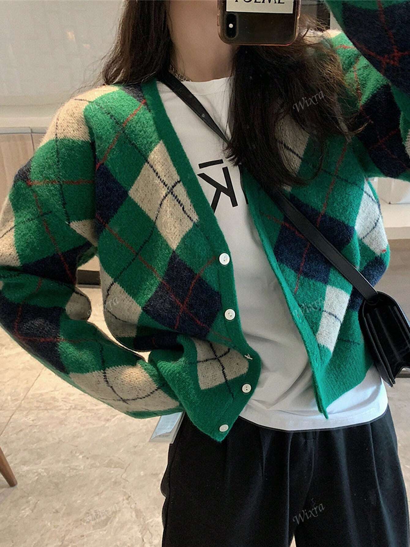Casual V-Neck Retro Diamond Plaid Knit Cardiagn,Long Sleeve Tops Green