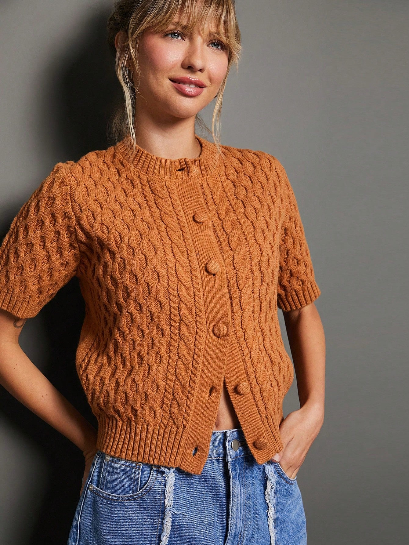 WESTFADE Summer Cable Knit Crew Neck Button Front Short Sleeve Relaxed Cardigan Sweater Gold