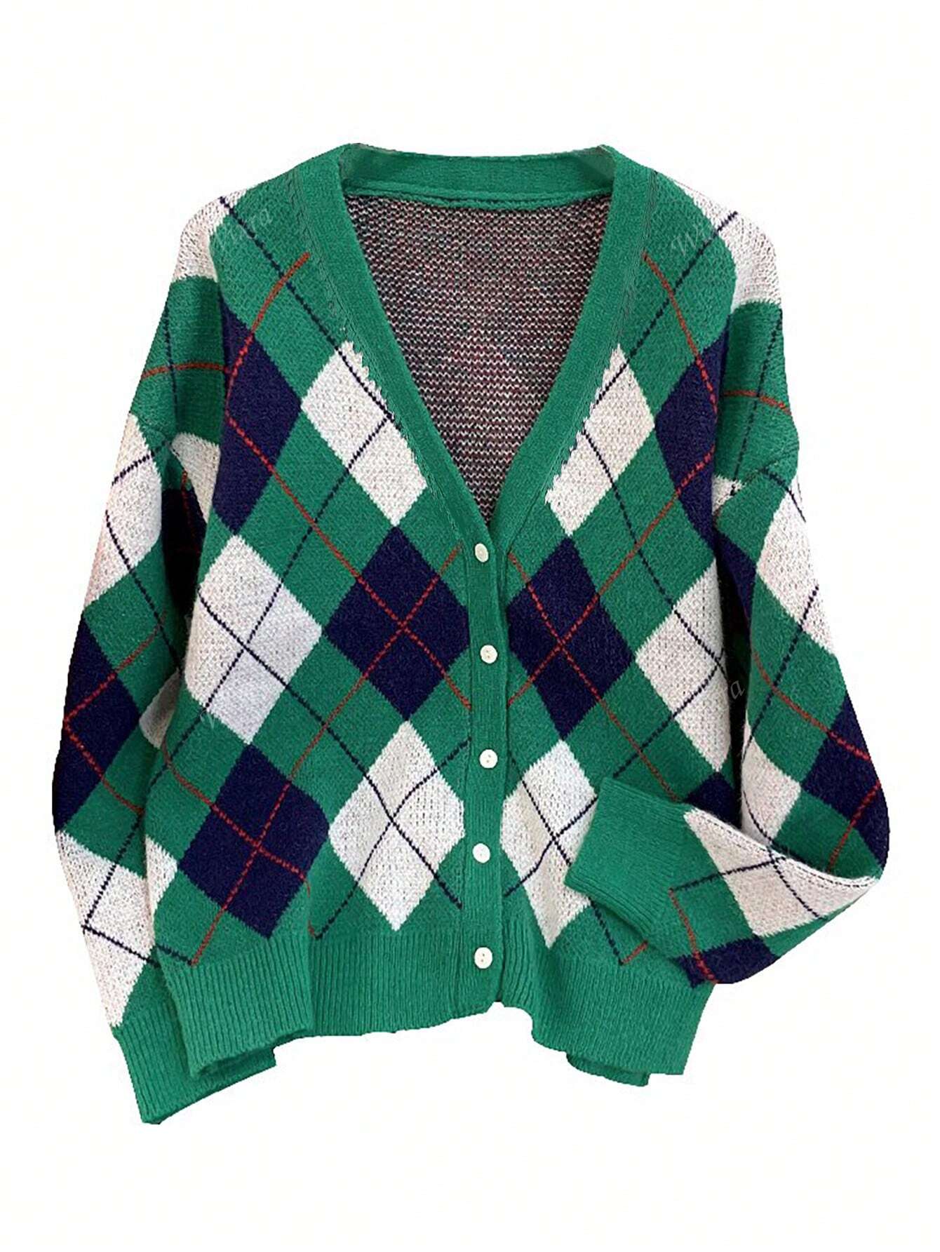 Casual V-Neck Retro Diamond Plaid Knit Cardiagn,Long Sleeve Tops Green