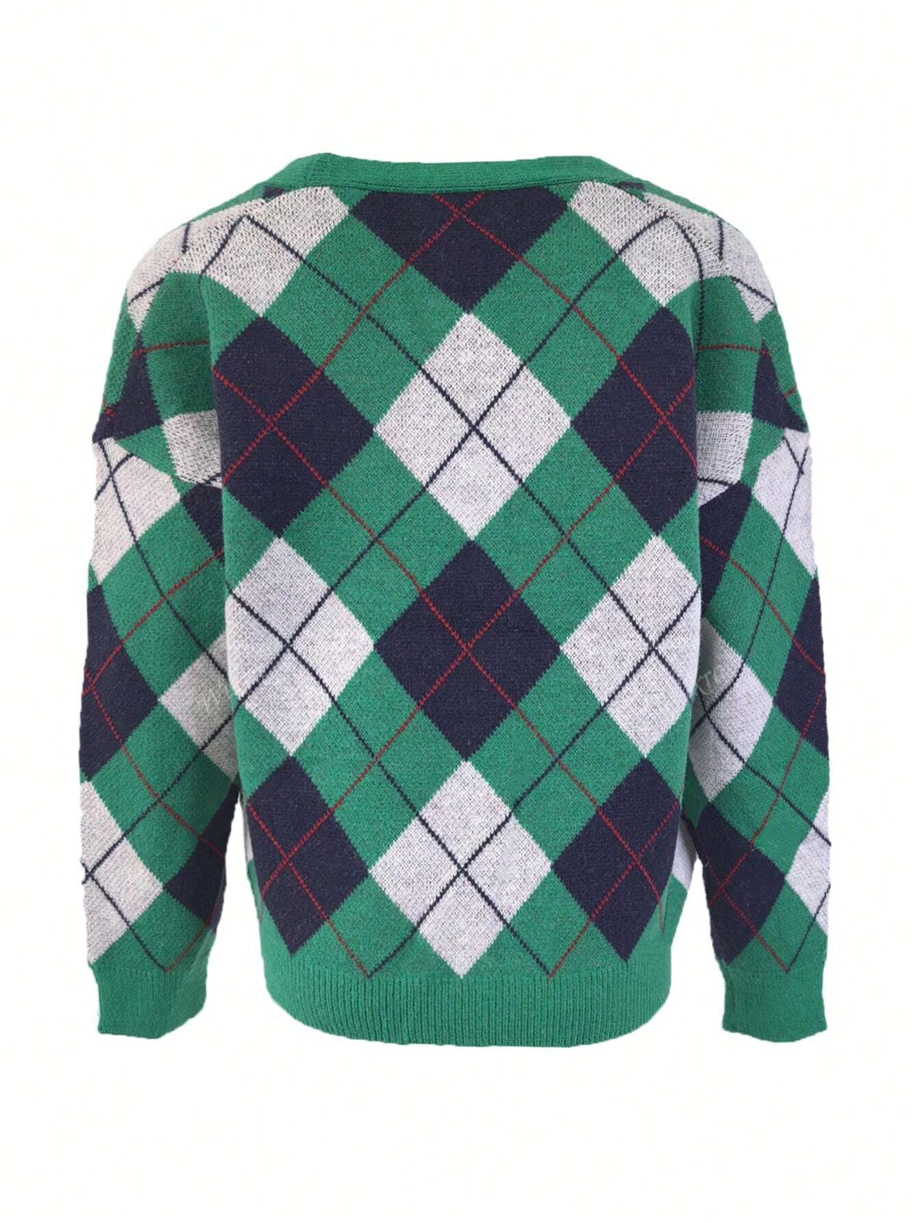 Casual V-Neck Retro Diamond Plaid Knit Cardiagn,Long Sleeve Tops Green