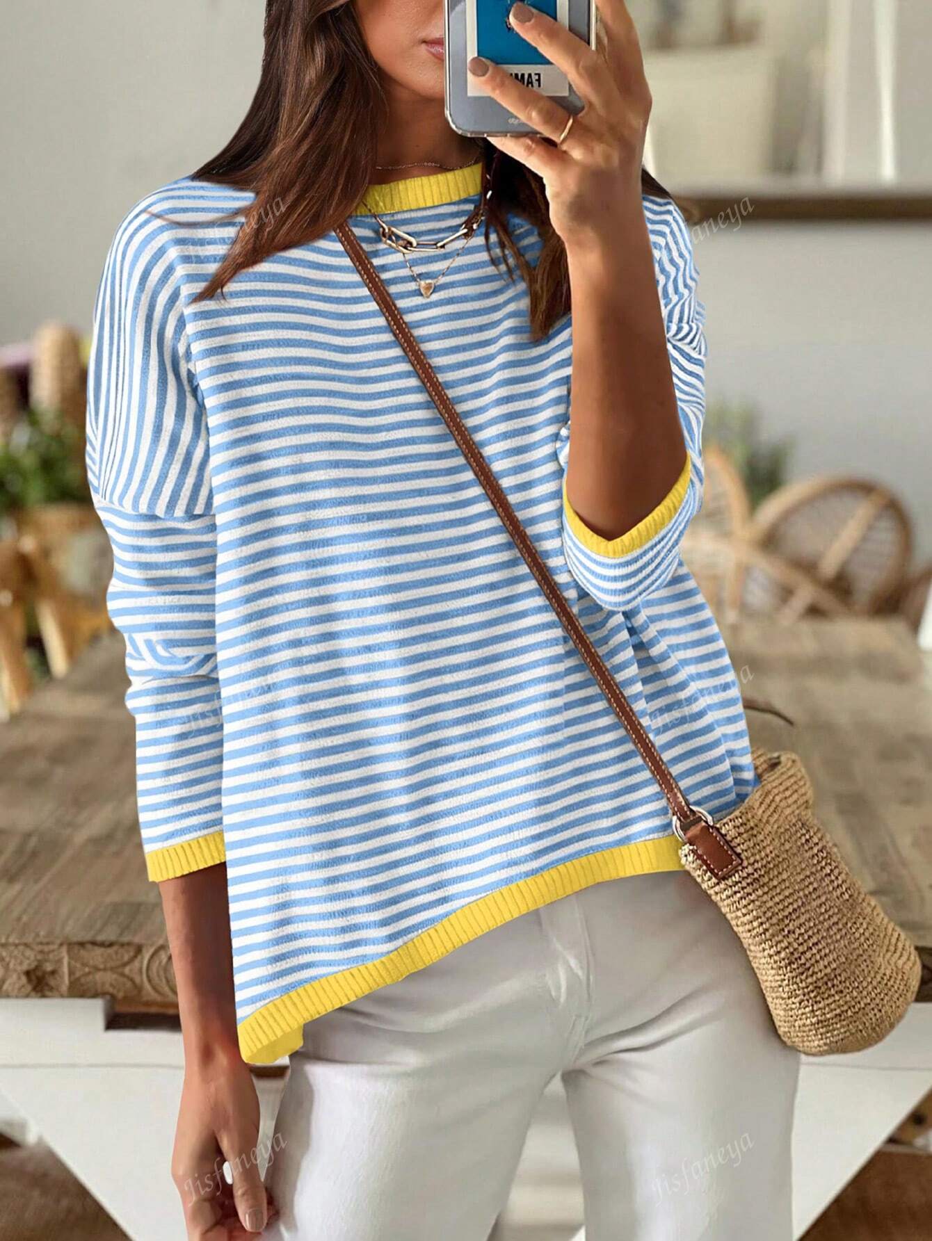 Women's Striped Casual Knit Sweater, Fall/Winter Blue