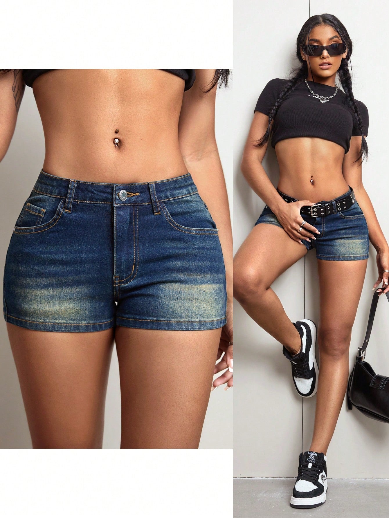 Jeanoix Women Distressed Denim Shorts Dark Wash