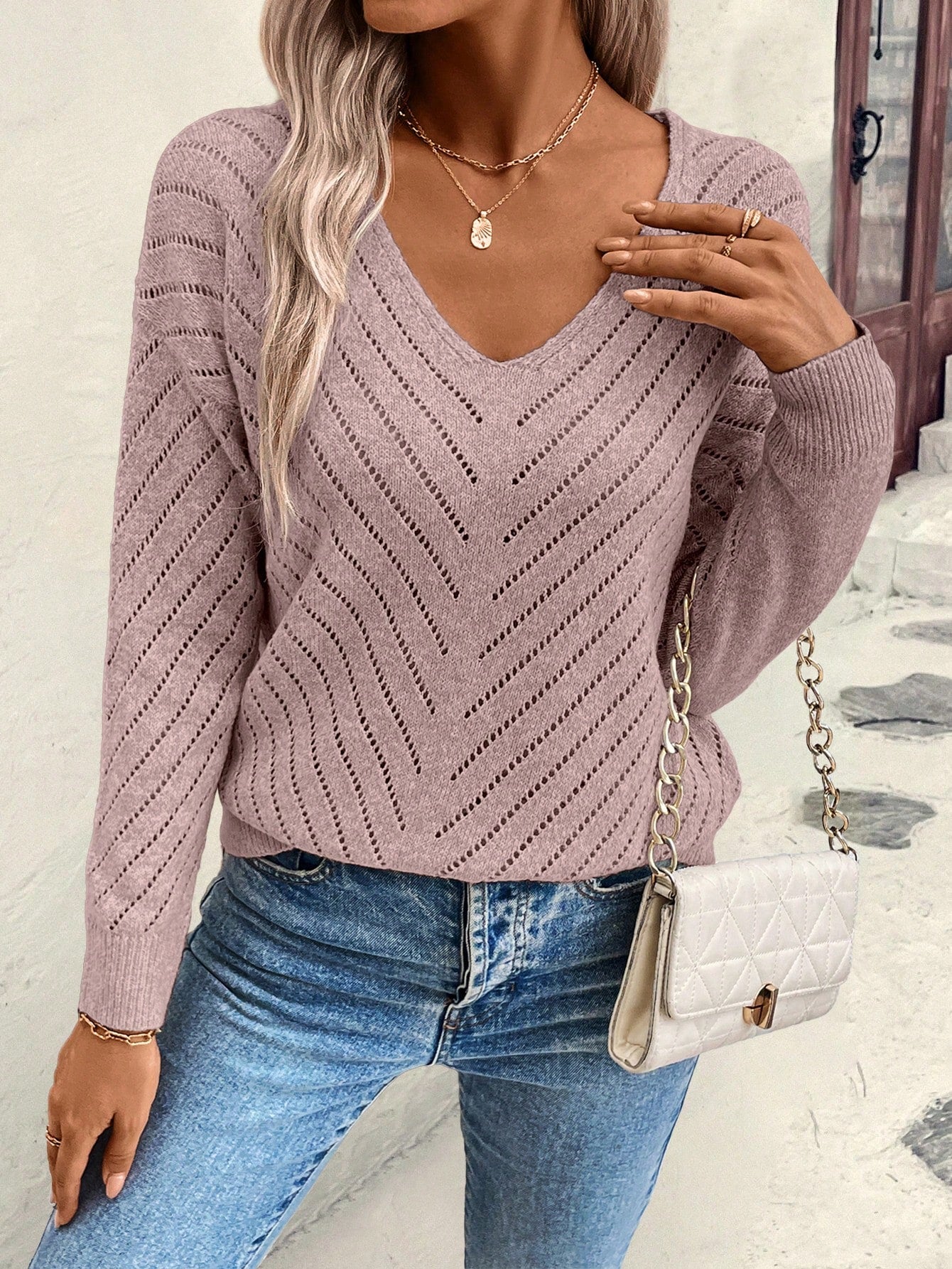 EMERY ROSE Women's Loose Casual Hollow-Out Geometric Textured V-Neck Sweater Dusty Pink