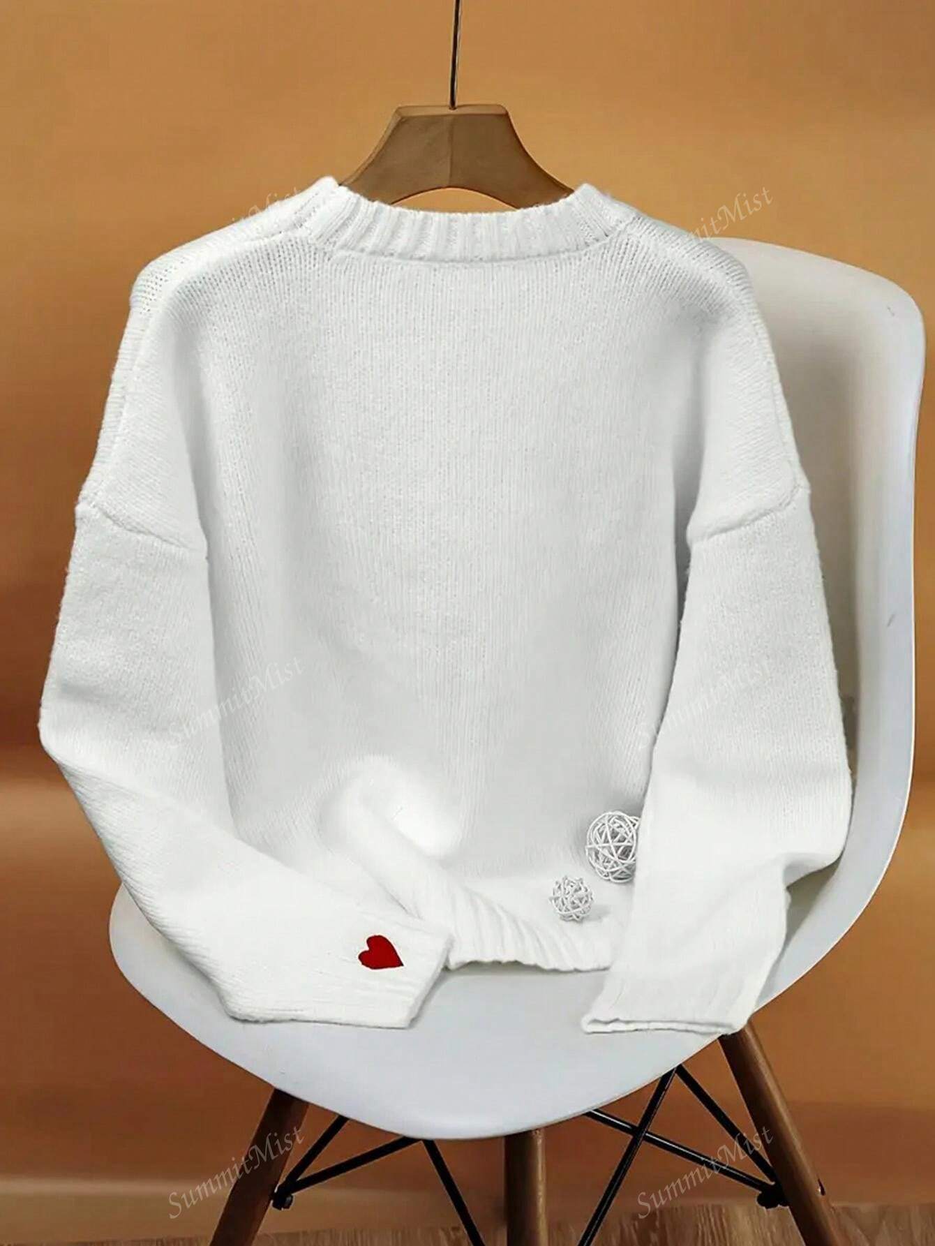 Heart-Shaped Pattern Drop Shoulder Sweater, Versatile Crew Neck Long Sleeve Pullover Sweater, Suitable For Winter And Autumn, Women Valentine's Day White