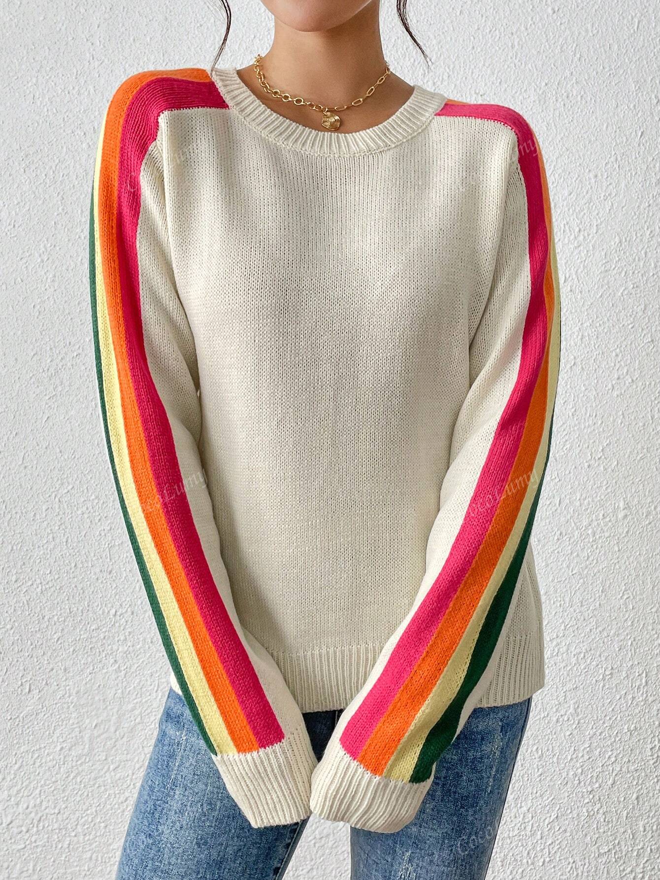 Women's Colorful Rainbow Striped Casual Crewneck Sweater Long-SleeveTops,Autumn And Winter Beige