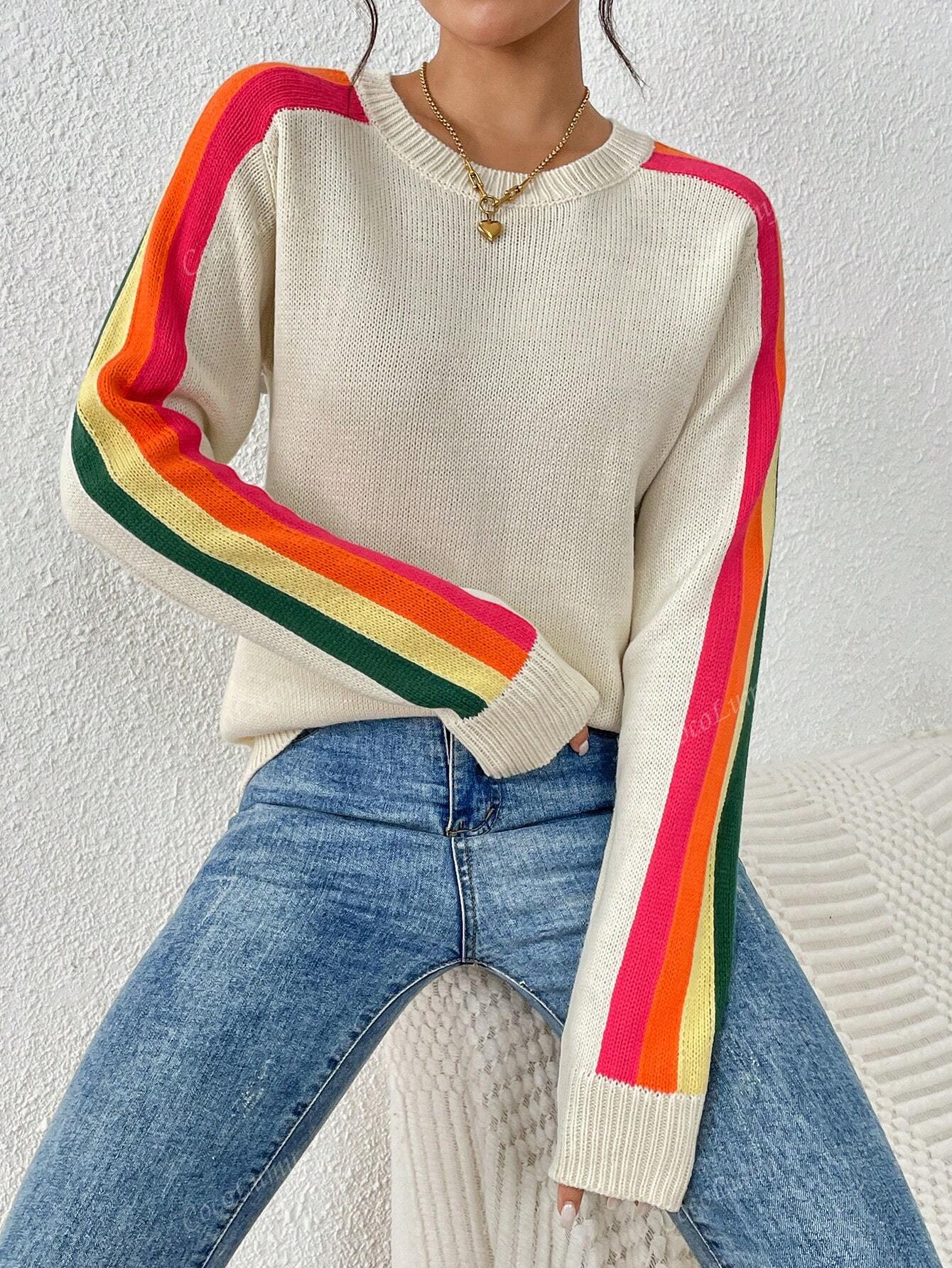 Women's Colorful Rainbow Striped Casual Crewneck Sweater Long-SleeveTops,Autumn And Winter Beige