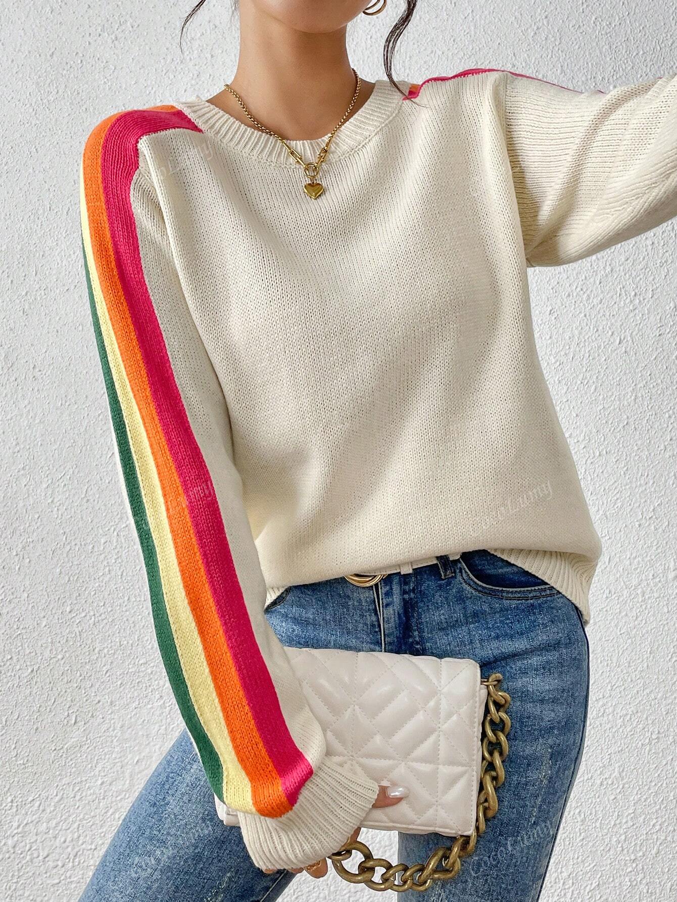 Women's Colorful Rainbow Striped Casual Crewneck Sweater Long-SleeveTops,Autumn And Winter Beige