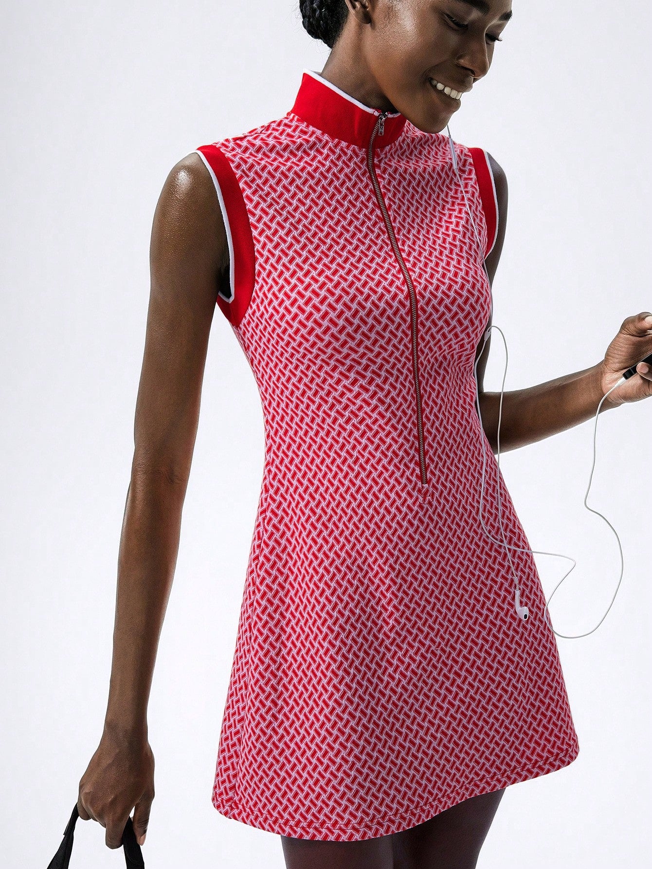VARSITIE Retro Old Money Jacquard Turtleneck Sleeveless Zipper Slim Mini Dress Women Active Dresses Red and White