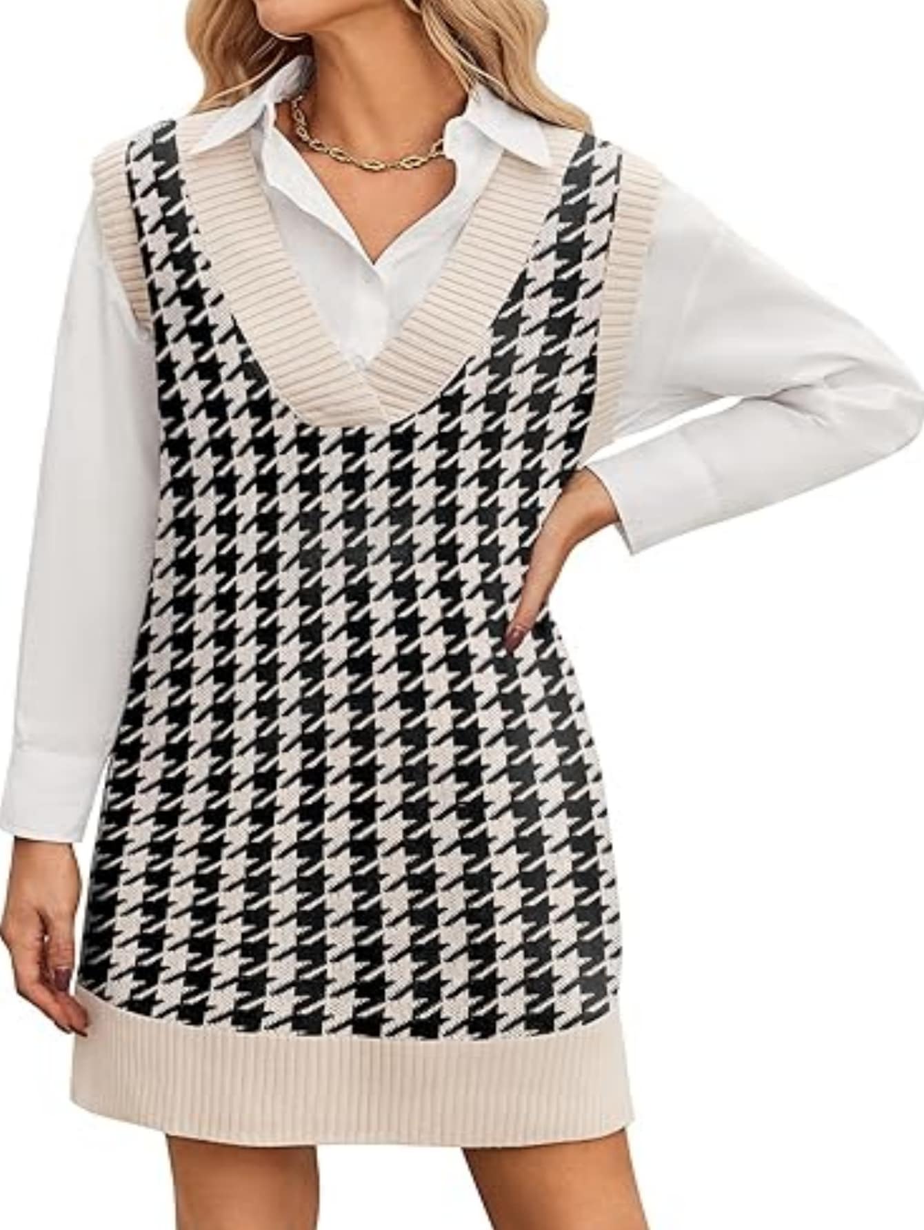 Plus Size Women's Sweater Geometric Striped Pattern V Neck Sleeveless Top Dress For Casual Commute Elegant Women's Apparel Tops Beige