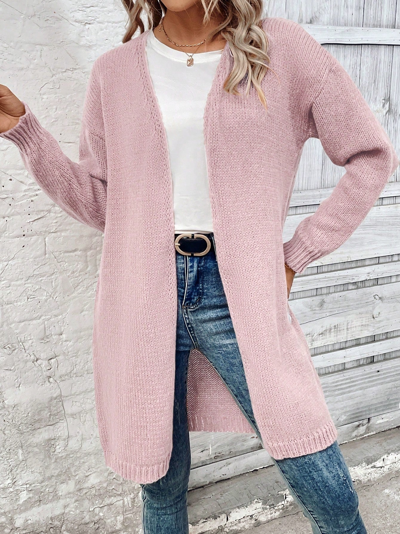 SHEIN LUNE Women's Solid Color Drop Shoulder Long Sleeve Long Casual Cardigan Sweater, Fall & Winter Dusty Pink