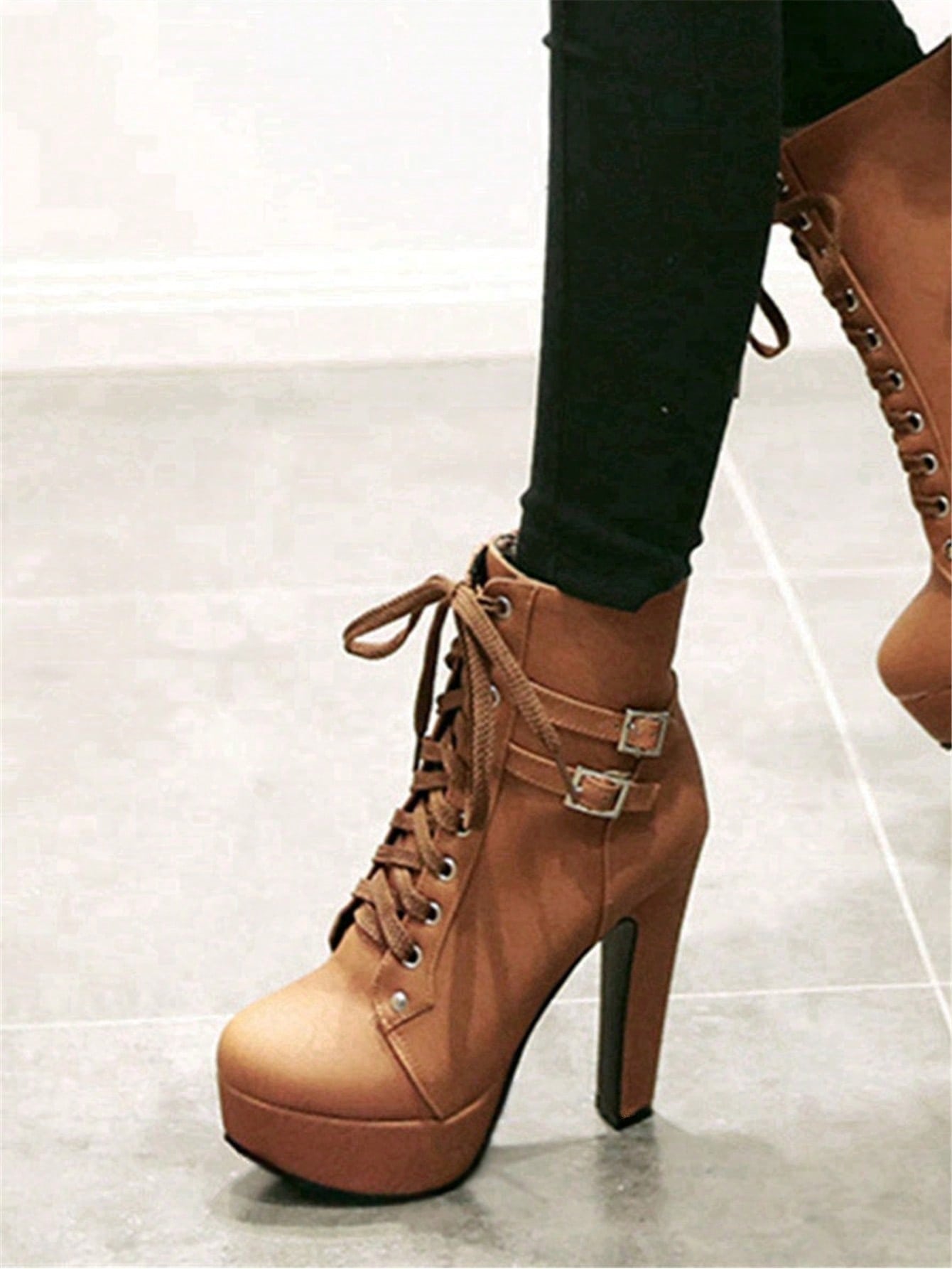 Women's Chunky Heel Short Boots, Waterproof Platform, High Heel, Lace-up Motorcycle Boots Brown