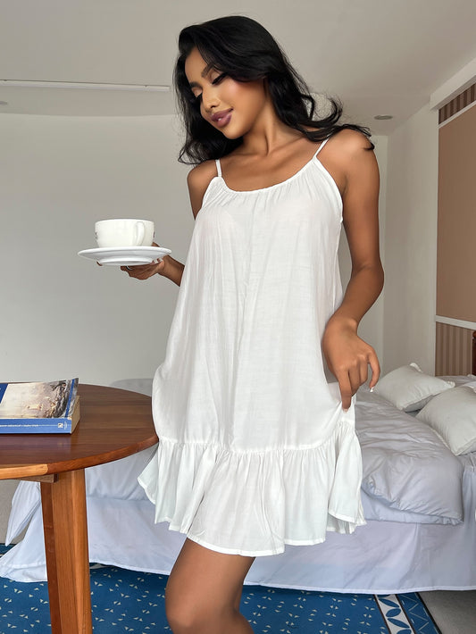 Ruffle Hem Cami Pajama Night Dress White