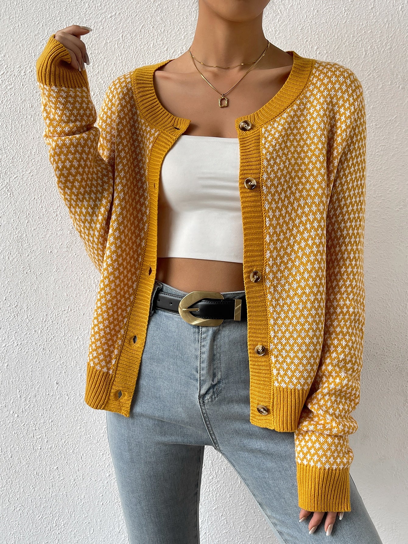 SHEIN LUNE Allover Pattern Contrast Trim Cardigan,Ladies Spring/Fall Casual Button Regular Sleeve Round Neck Regular Fit Yellow All Over Print Women Cardigans,Casual Daily Wear,Long Sleeve Tops Yellow