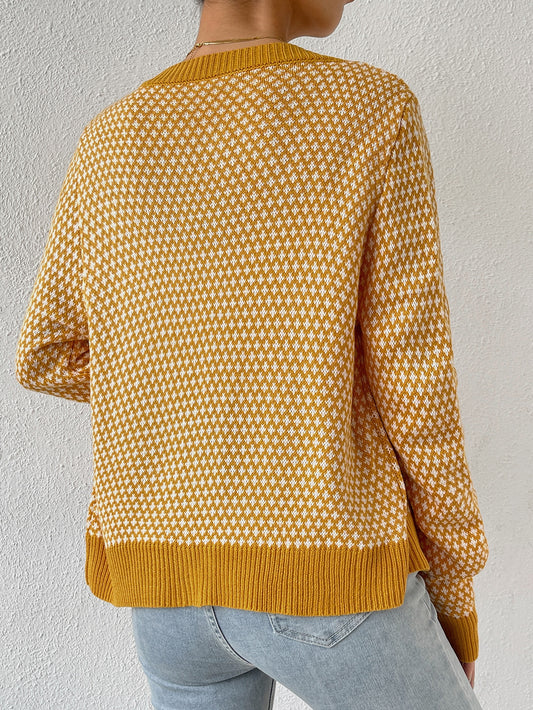 SHEIN LUNE Allover Pattern Contrast Trim Cardigan,Ladies Spring/Fall Casual Button Regular Sleeve Round Neck Regular Fit Yellow All Over Print Women Cardigans,Casual Daily Wear,Long Sleeve Tops Yellow