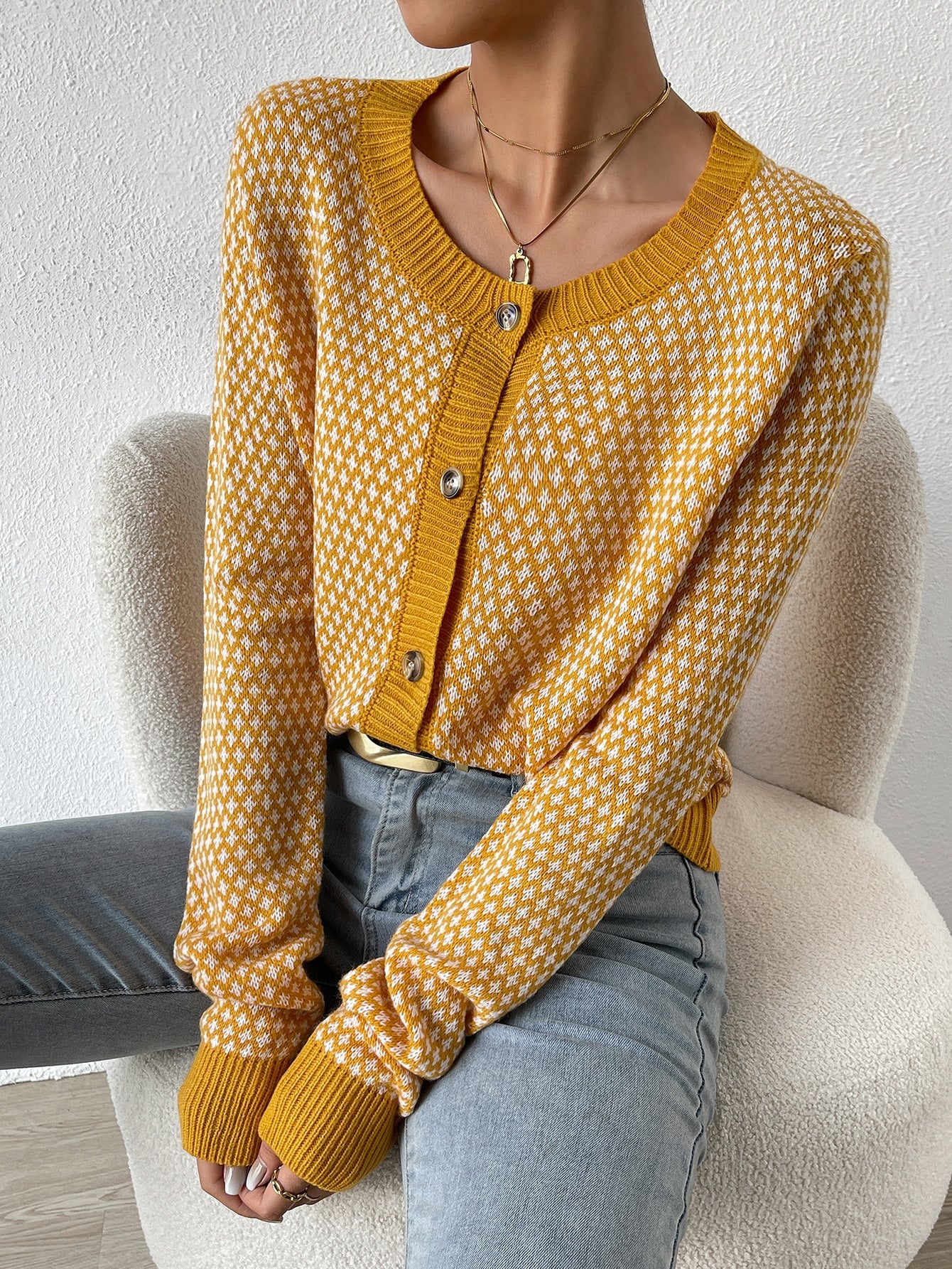SHEIN LUNE Allover Pattern Contrast Trim Cardigan,Ladies Spring/Fall Casual Button Regular Sleeve Round Neck Regular Fit Yellow All Over Print Women Cardigans,Casual Daily Wear,Long Sleeve Tops Yellow